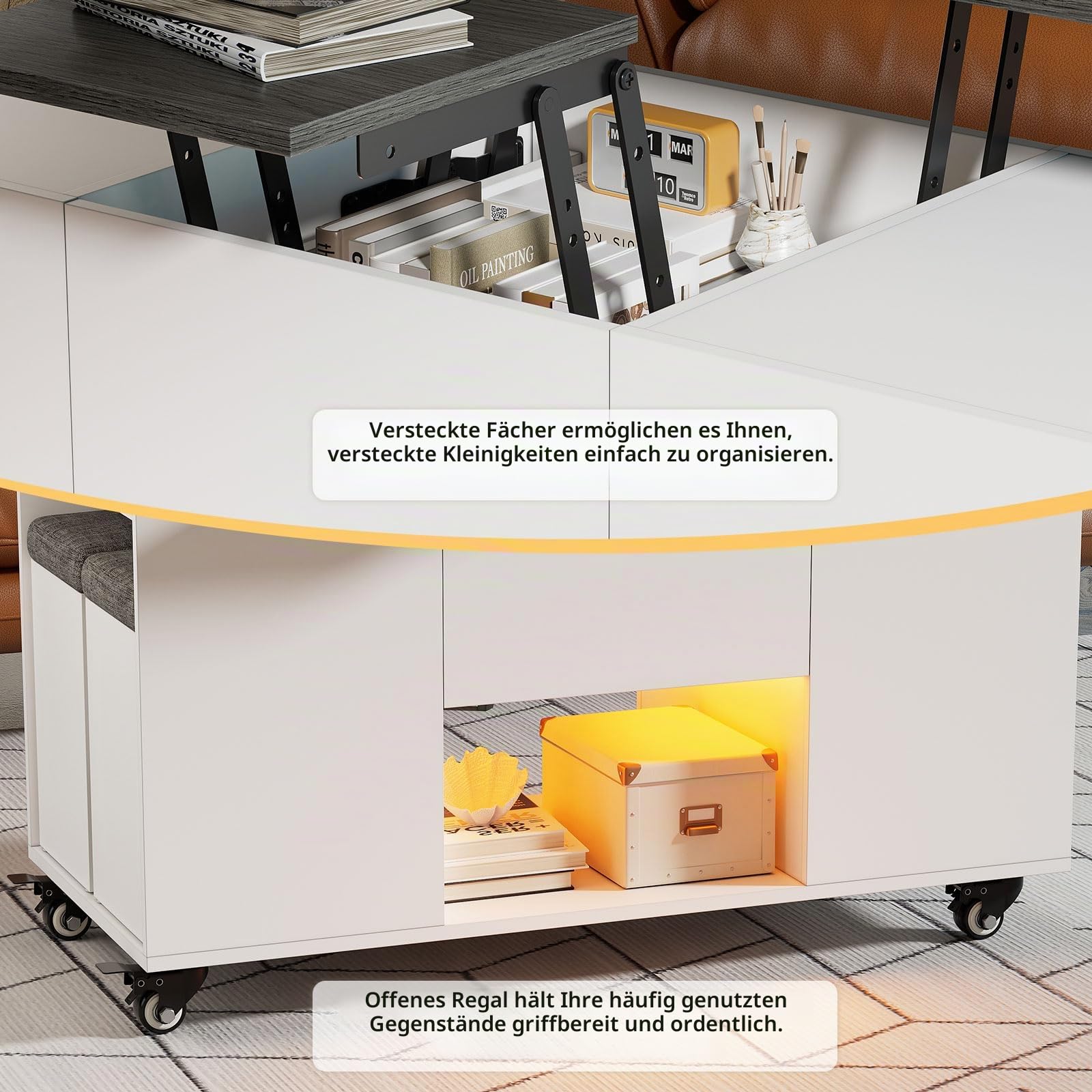 Couchtisch Umwandelbar in Wohnzimmer-Esstisch 4 in 1 Multifunktions-Wohnzimmertisch mit Stauraum & 4 Hockern Couchtisch Höhenverstellbar mit LED-Beleuchtung & Geräuscharmes Universalrad, Grau+Weiß