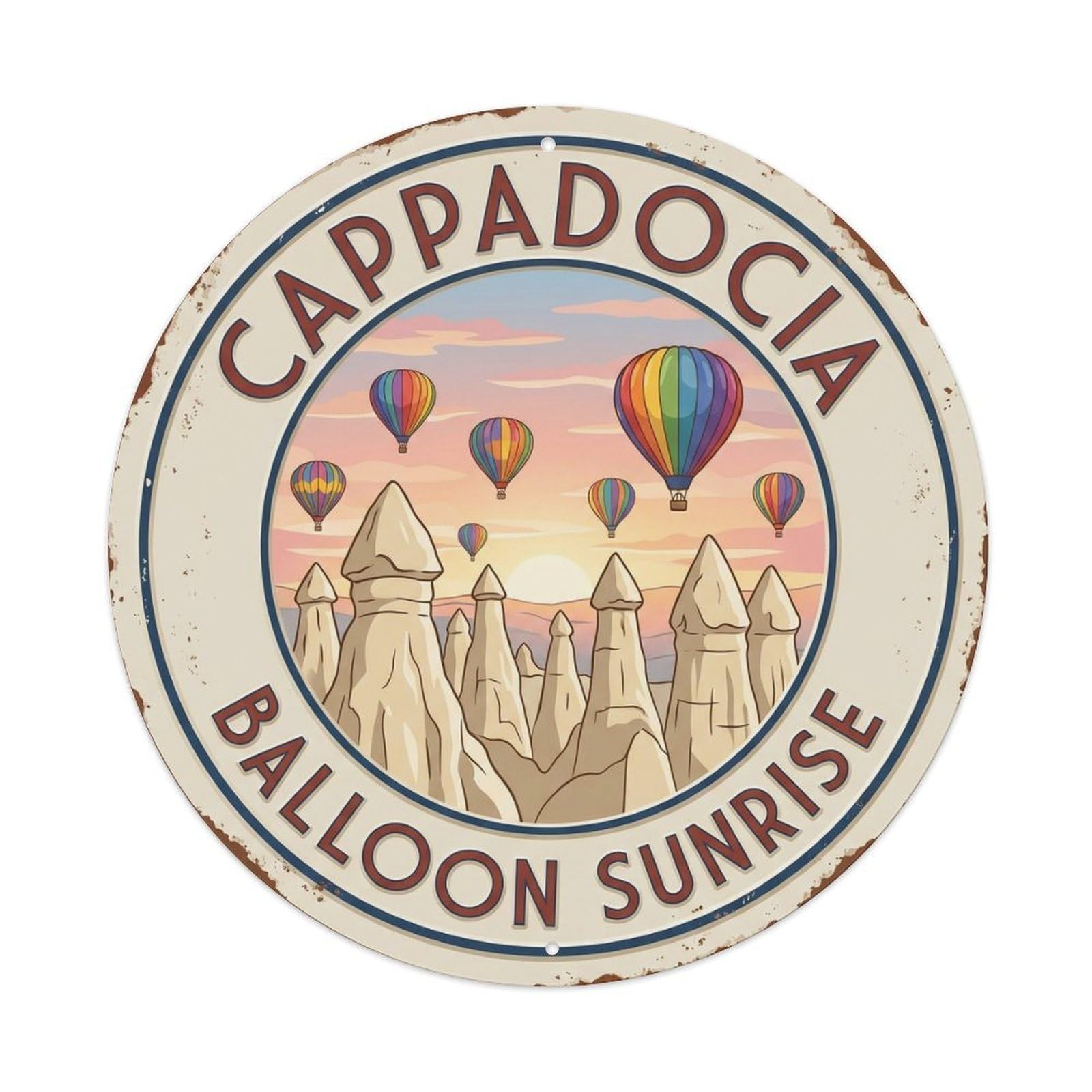 Cappadocia Balloon Sunrise Turkey Landscape Metal Tin Sign Plaque Wall Decor for Cafe, Club, Garden Round Metal Poster 8x8Inch