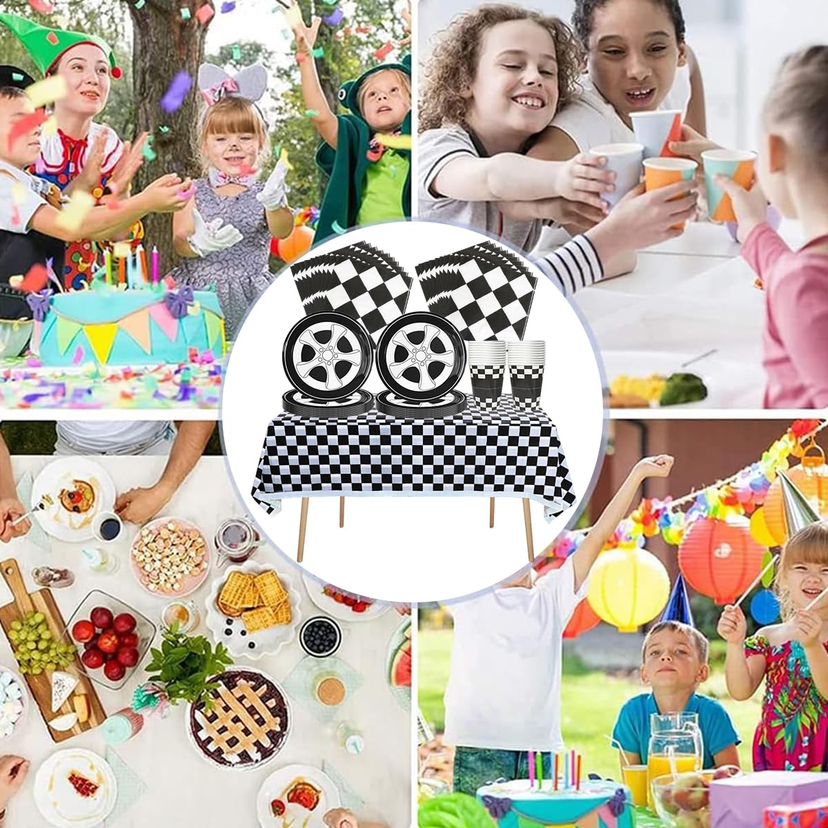 Auto da corsa Stoviglie per feste, 61 pezzi Tyre Stoviglie per compleanni per bambini, Tema delle corse Set di piatti di carta per feste, Compresi bicchieri, tovaglioli e tovaglie