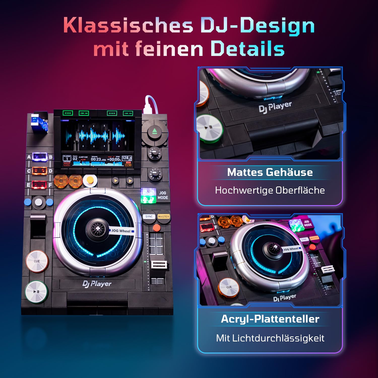 PANTASY DJ Plattenspieler Klemmbausteine Set, Vintage DJ Deck Baustein Modell zum Bauen, Retro Musikstudio Display mit Verstellbarem Ständer, Kreativer Sammler Bausatz für Erwachsene