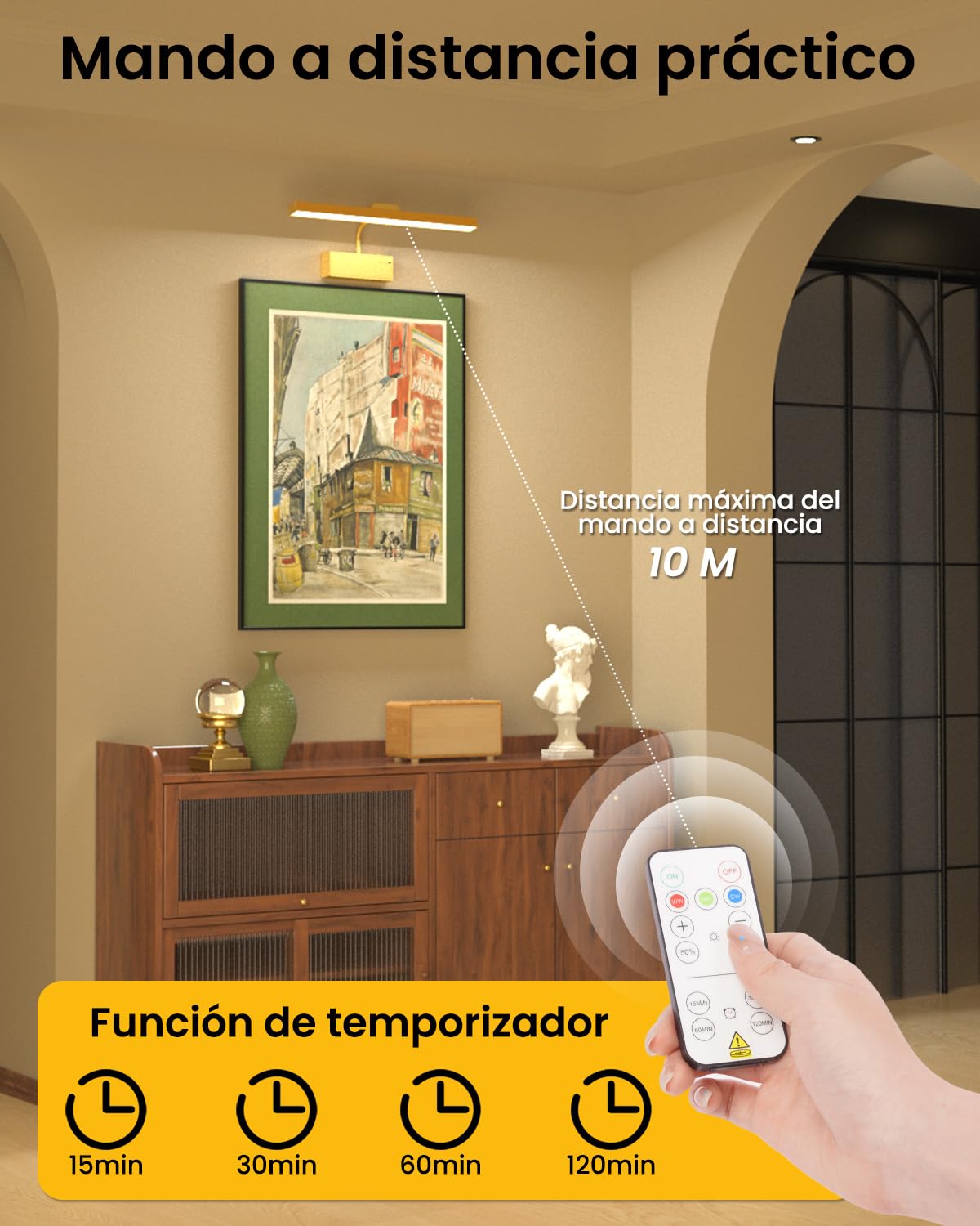 Lamparas Pared Sin Cable Luz Para Cuadros De Pared Sin Cable 3000mAh Recargable con Mando a Distancia y Temporizador, Luz LED Magnética Dimmable para Marco de Galería y Tablero de Dardos (Oro)