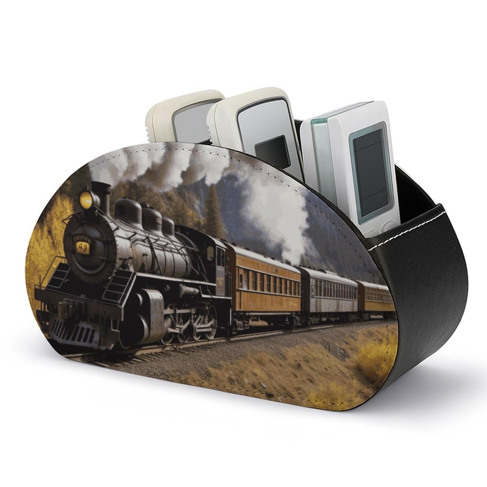 DWVTSLH Steam Locomotive Train Remote Control Holder with 5 Compartments - PU Leather TV Remote Holder Remote Caddy Desktop Organizer Makeup Brush Holder, Remote Storage Box for Home Office