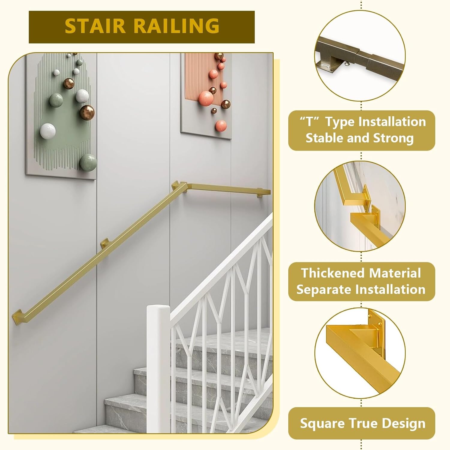 Staircase Handrail - Complete Kit，Hand Railing for Outdoor Indoor Stairs Banister Hand Rails Metal Wrought Iron Wall Support，Safety Grab Rail 30cm-600cm(Gold,3ft/90cm)