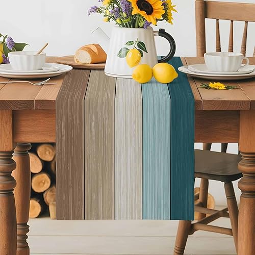 Miniatura 128 de Camino de mesa de algodón y lino estilo granja rústico retro, textura de madera de granero, color degradado marrón y gris, antideslizante,