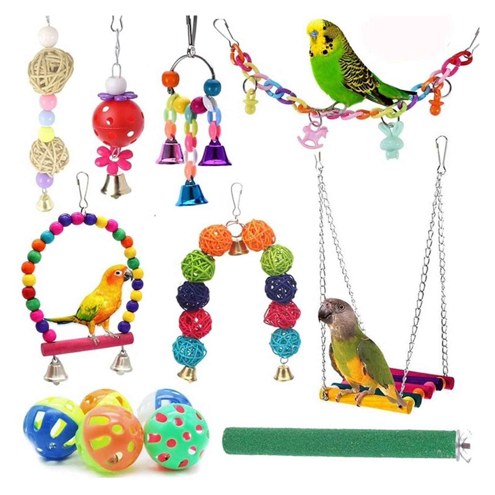 Vogelspielzeug 13 stücke Vogel Käfig Spielzeug Papageien Zuverlässig & Kaubare - Swing Hängende Kaukau Bissbrücke Holz Perlen Ball Bell Toys Zufällige Farbe