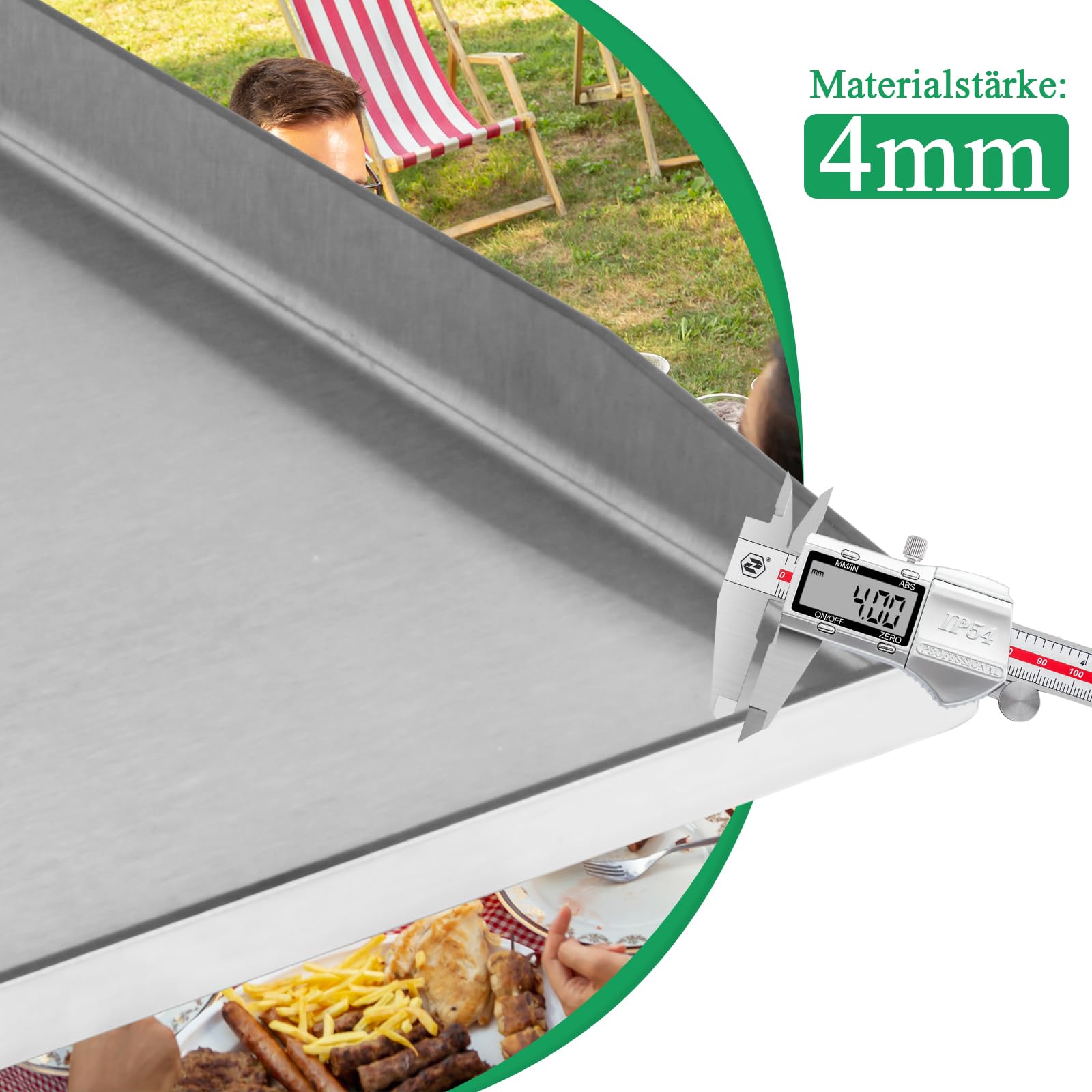 WELL GRILL Plancha Grillplatte Edelstahl 4mm für Gasgrill & Holzkohlegrill, 40 x 30cm BBQ Plancha Grillplatte mit Grillspachtel Set, Rundum Auslaufen