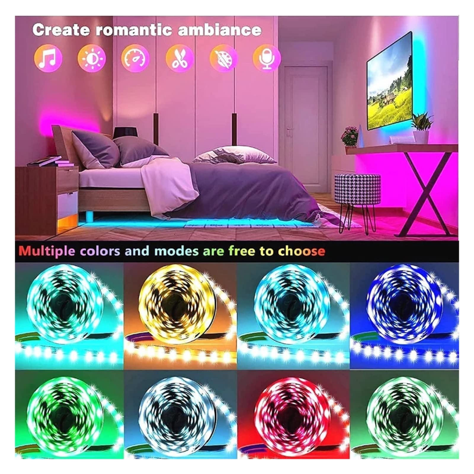 Taśma świetlna LED, sterowanie RGB, zmieniające kolory, z 24 przyciskami, pilot zdalnego sterowania, tryb 5050, do dekoracji pokoju, telewizor Bluetooth, SMD5050 RGB (BT 44 klawisze, pełny