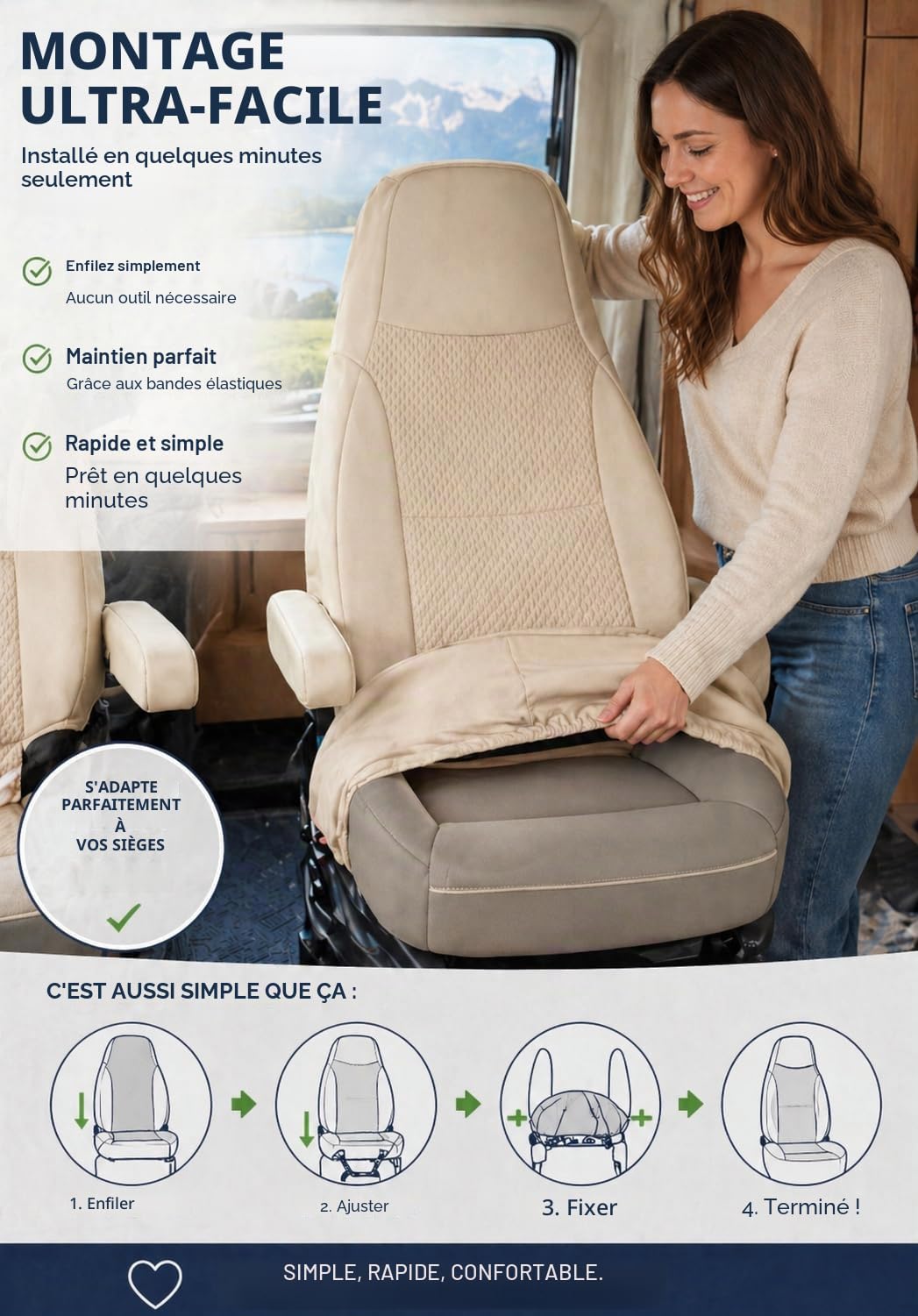 Generisch Housses de siège pour autocaravana, pilote, siège conducteur et passager, 2 places, tissus de haute qualité, lavables, lot de 1+1 (beige)