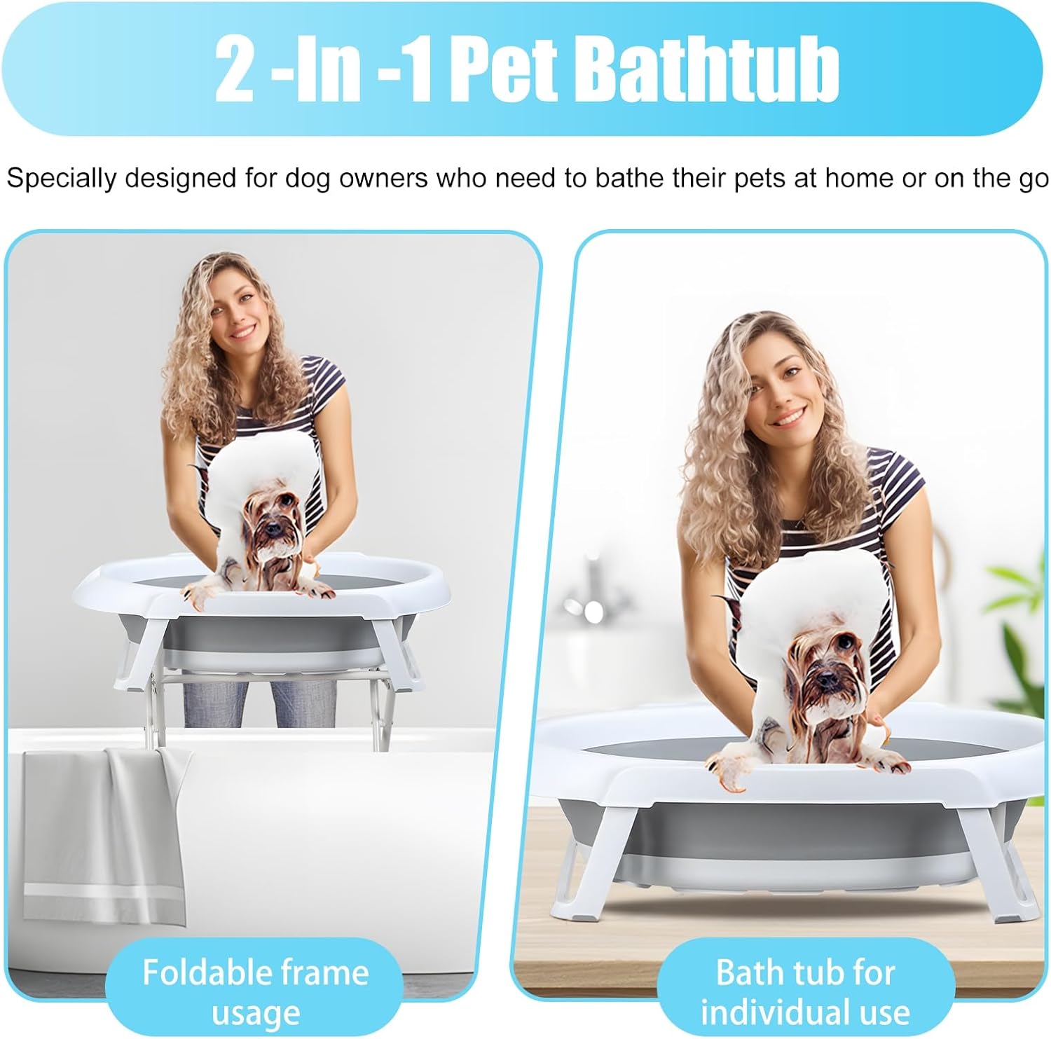2 in 1 Dog Bath Tub Dog Washing Station for Bathing and Grooming, Foldable Pet Bath Tub, Collapsible Portable Shower Bathtub for Small Dogs Cats Pet, Indoor and Outdoor Grey
