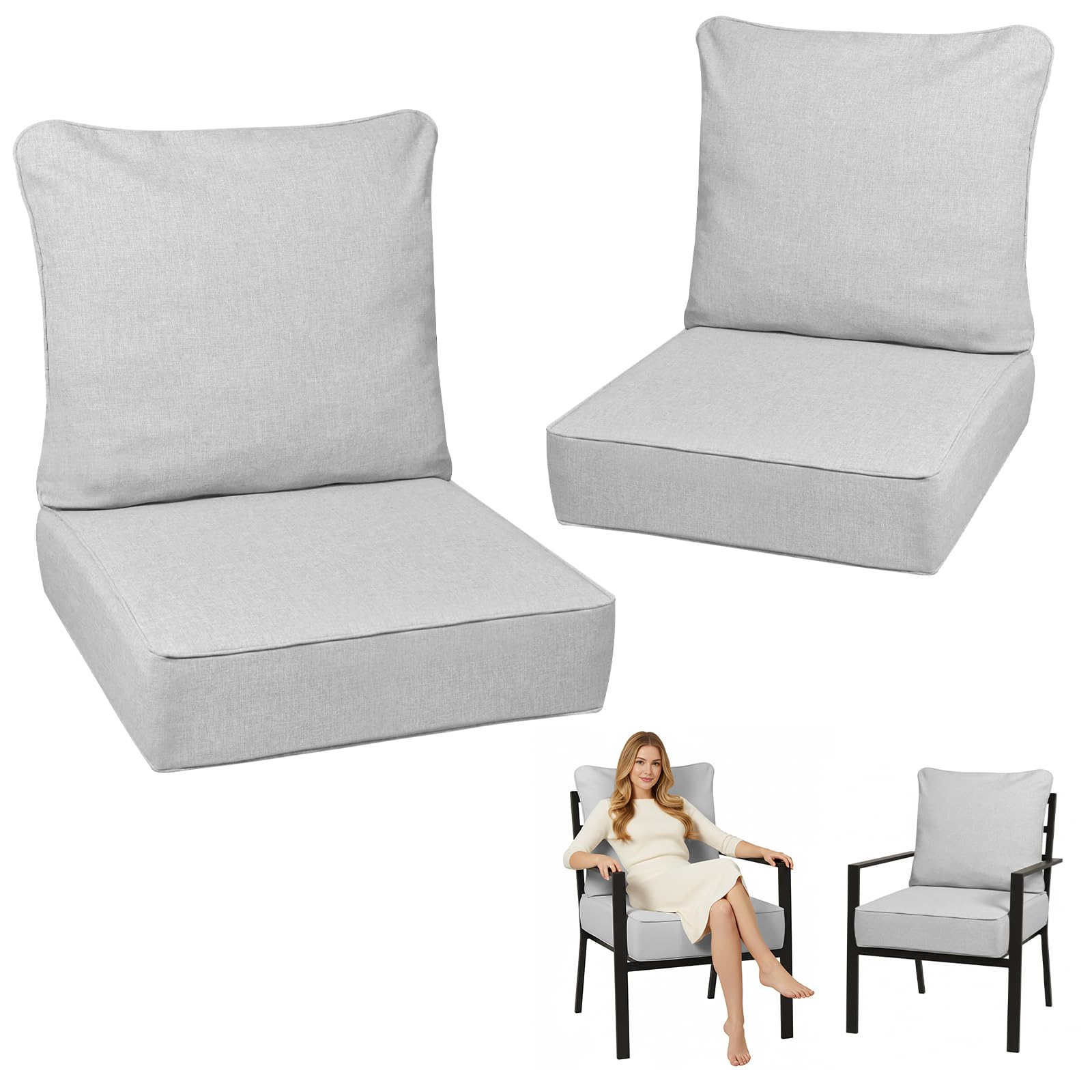 6 inch thick outdoor deep seat cushions for outdoor furniture waterproof patio seat cushions with removable cover and adjustable ties, 24x24x6 inches outdoor chair cushions set of 2, light gray
