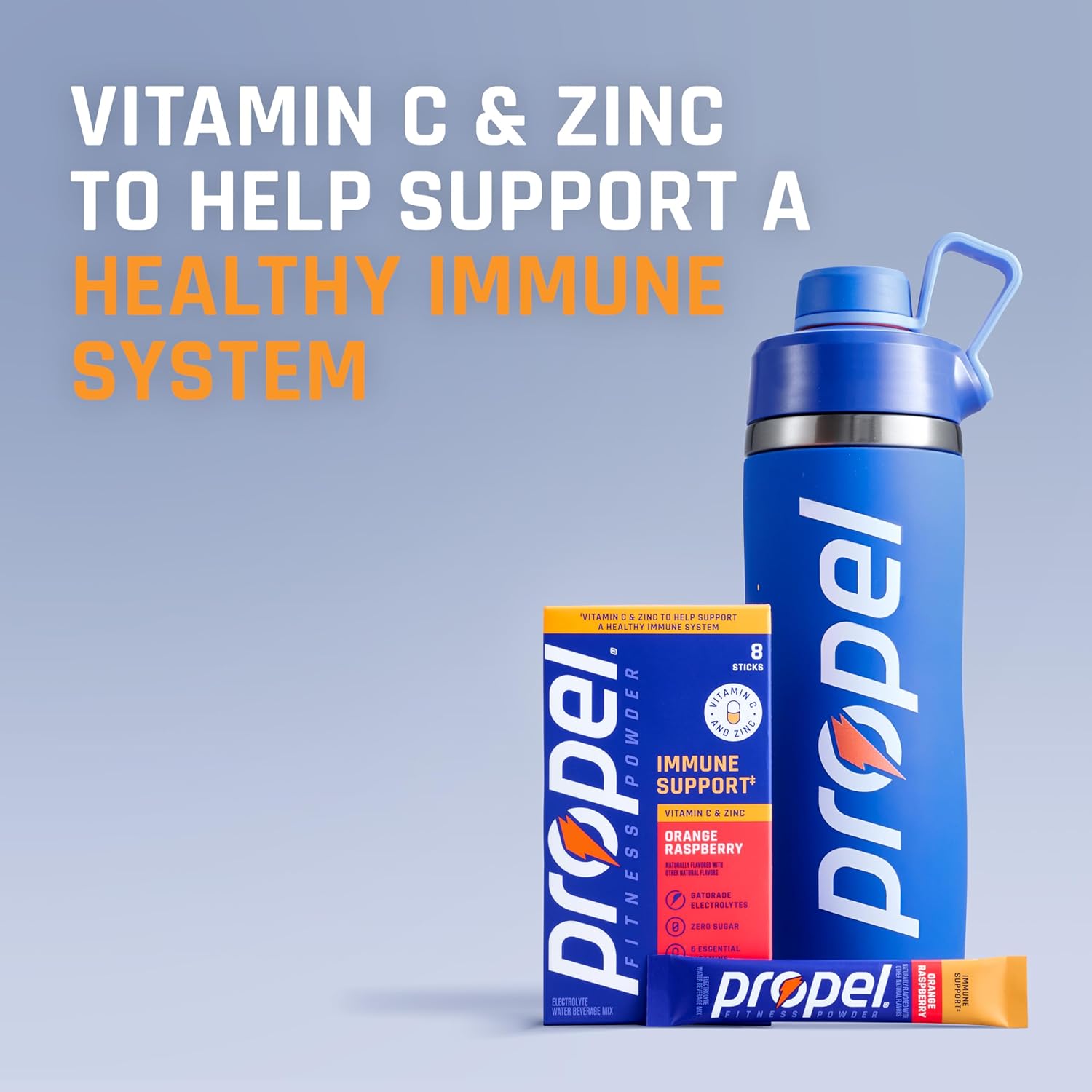 Propel Immune Support Electrolyte Powder Drink Mix, Orange Raspberry, (96 Servings), 100% DV Vitamin C, Good Source of Zinc, Zero Sugar, Gatorade Electrolytes, No Added Colors, No Artificial Flavor