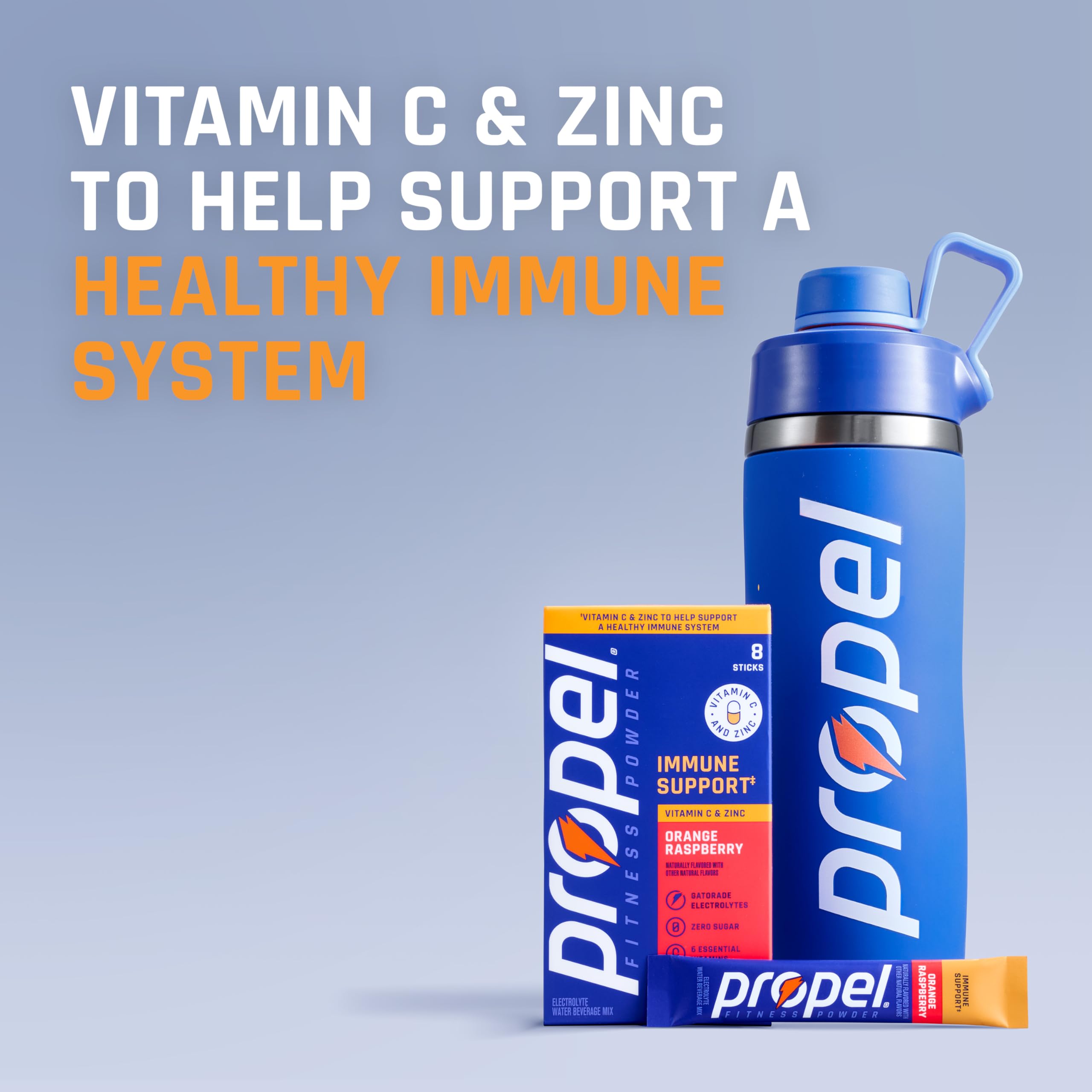 Propel Immune Support Electrolyte Powder Drink Mix, Lemon Blackberry, (96 Servings), 100% DV Vitamin C, Good Source of Zinc, Zero Sugar, Gatorade Electrolytes, No Added Colors, No Artificial Flavor