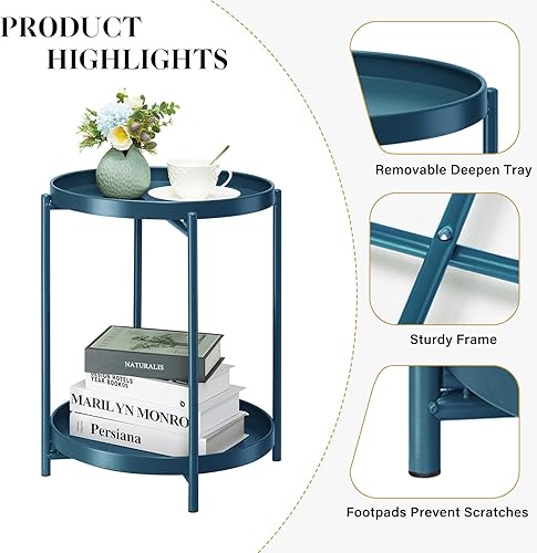 Miniatura 4 de danpinera - Mesa auxiliar de 2 niveles, mesa lateral exterior de metal redonda con bandeja extraíble, mesa de acento pequeña, mesita de noche