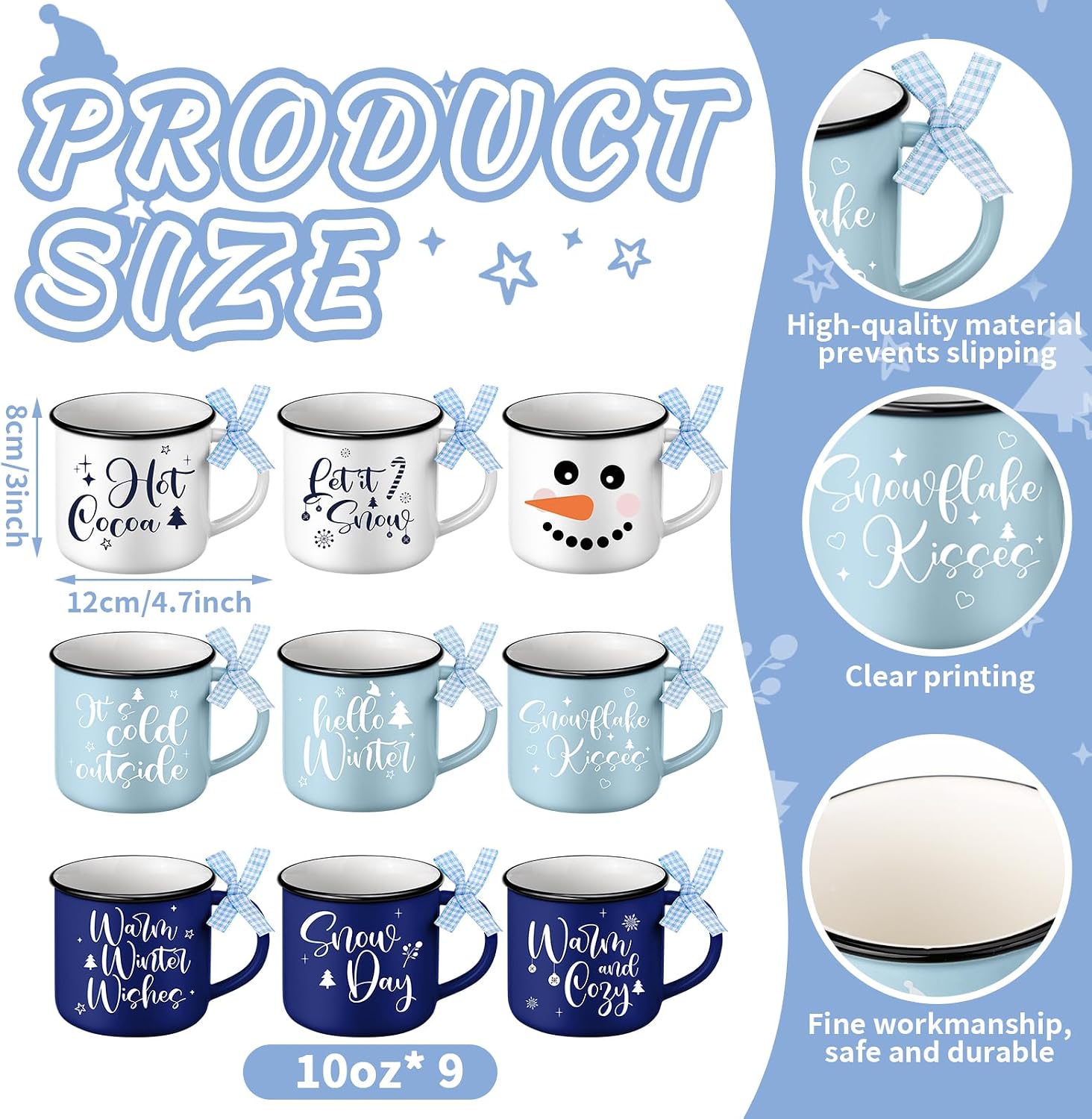 Nitial 9 Pcs Winter Coffee Mugs Christmas 10 oz Christmas Coffee Mugs Set with Ribbon Winter Snowflake Drinking Cups Gift Bulk for Home Kitchen Office Table Centerpieces