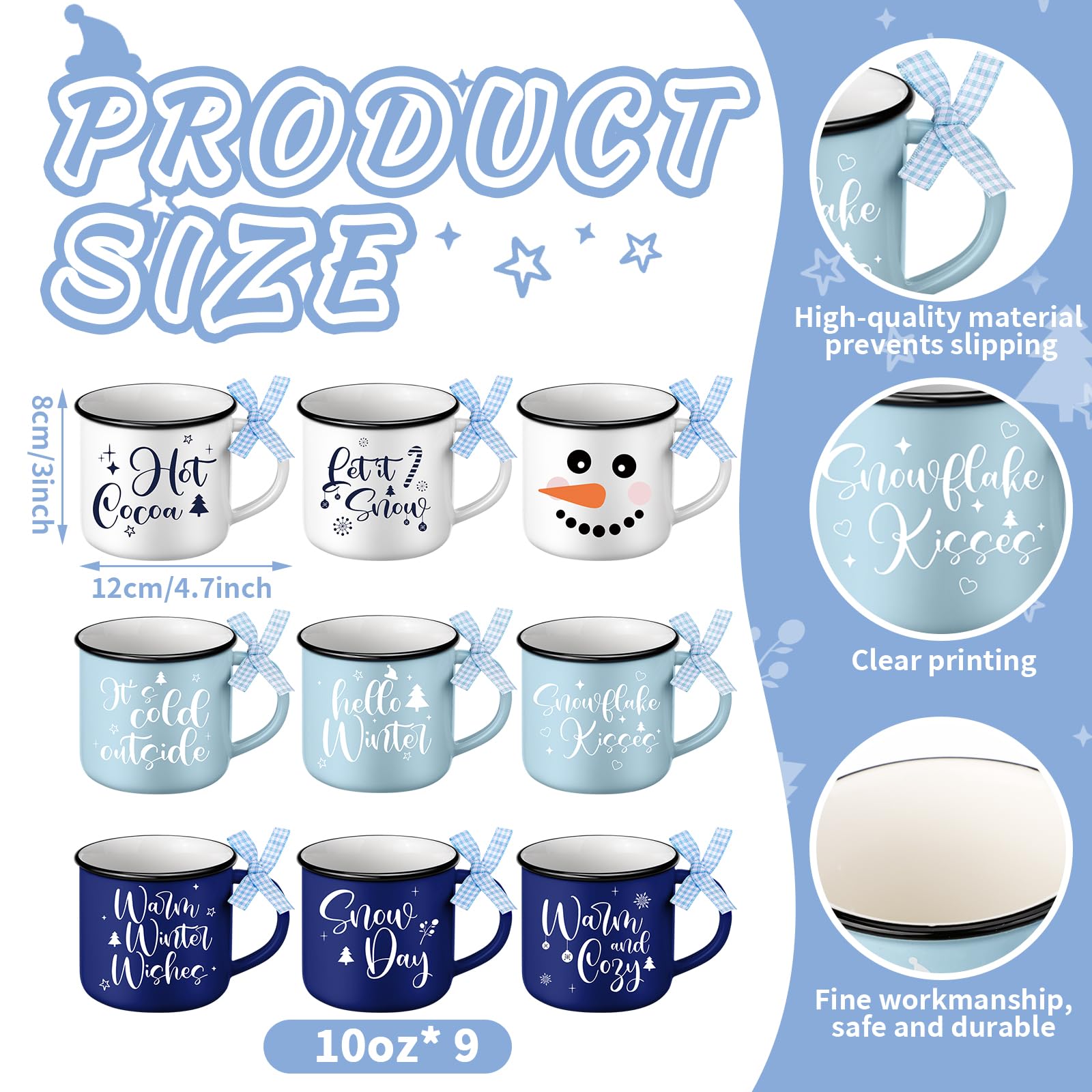 Nitial 9 tazas de invierno, tazas de café de invierno, tazas de café de Navidad con cinta, tazas de invierno de copo de nieve a granel, taza de cerámica de Navidad de 10 onzas, regalo para niños