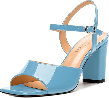 Womens Heeled Sandals Square Toe Ankle Strap Sandals High Block Chunky Heels Party Wedding Dress Slingback Sandals 3.3
