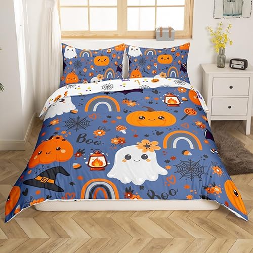 Miniatura 3 de Funda de edredón naranja con luces de Halloween, decoración de Halloween, diseño gótico de arco iris para niños, bonita funda de edredón de