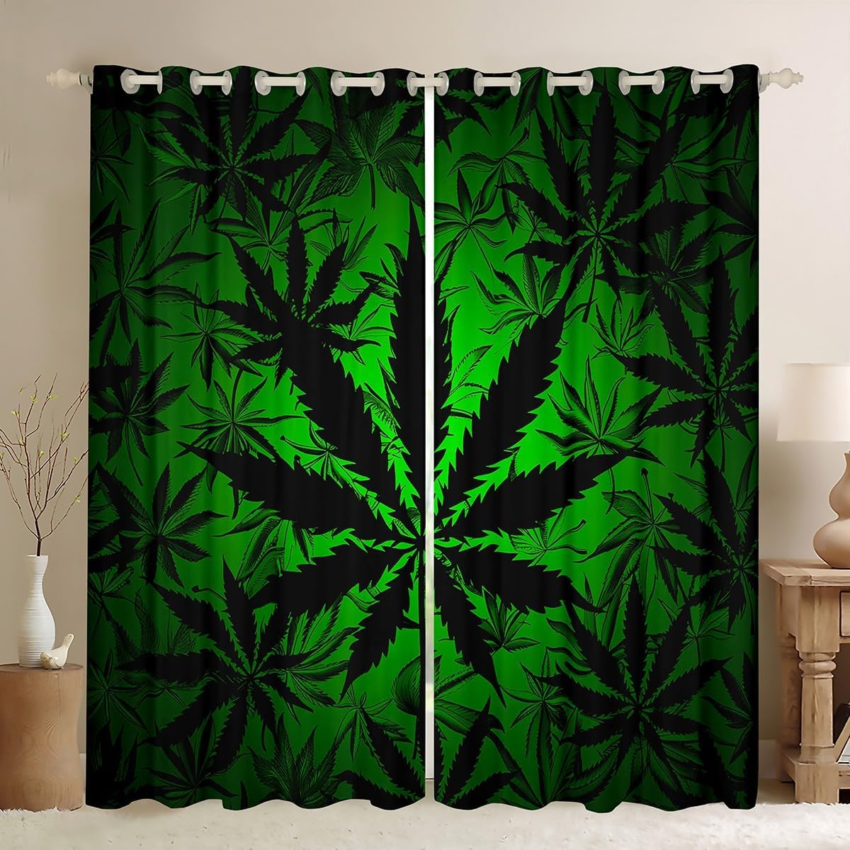 Erosebridal Marijuana Leaf Window Treatments for Kids Boys Girls Teens,Neon Cannabis Leaf Curtains 42x63,Velvet Window Curtains,Trippy Botanical Plants Shades Drapes 2 Panels