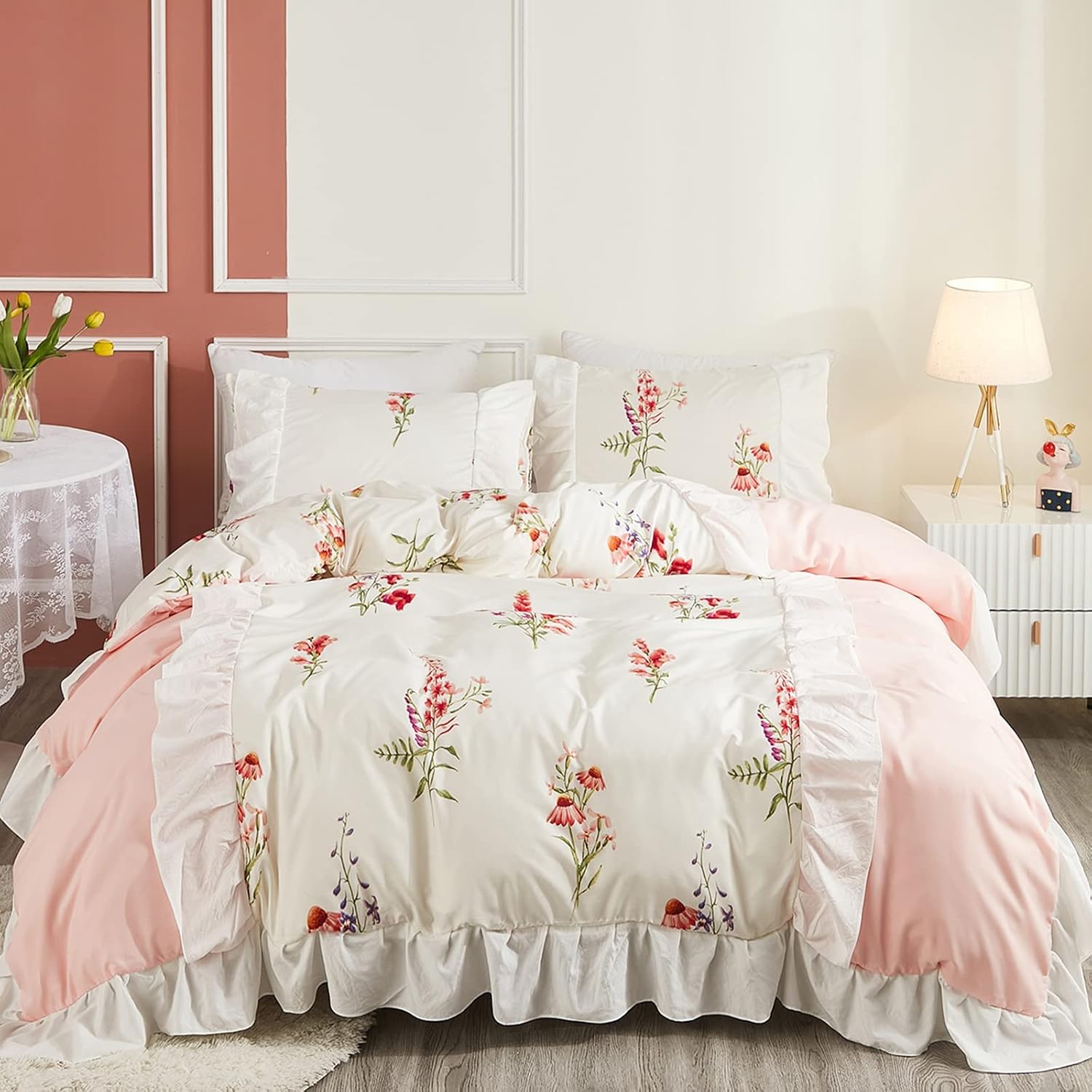 Girls Pink Bedding Set Ruffle Floral Duvet Cover Set White Ruffled Pink Lavender Flower Pattern Farmhouse Country Bedding Queen(Pink, Queen)