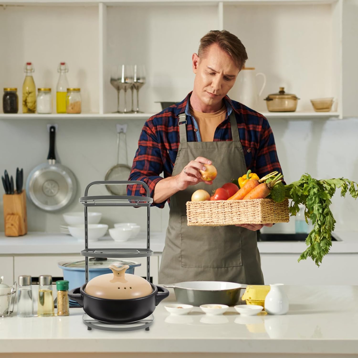 Foldable Multi-function Pot Rack for Kitchen Cabinet, 3-tier Gray round Pan Organizer with Large Capacity Storage for Pots and Cookware