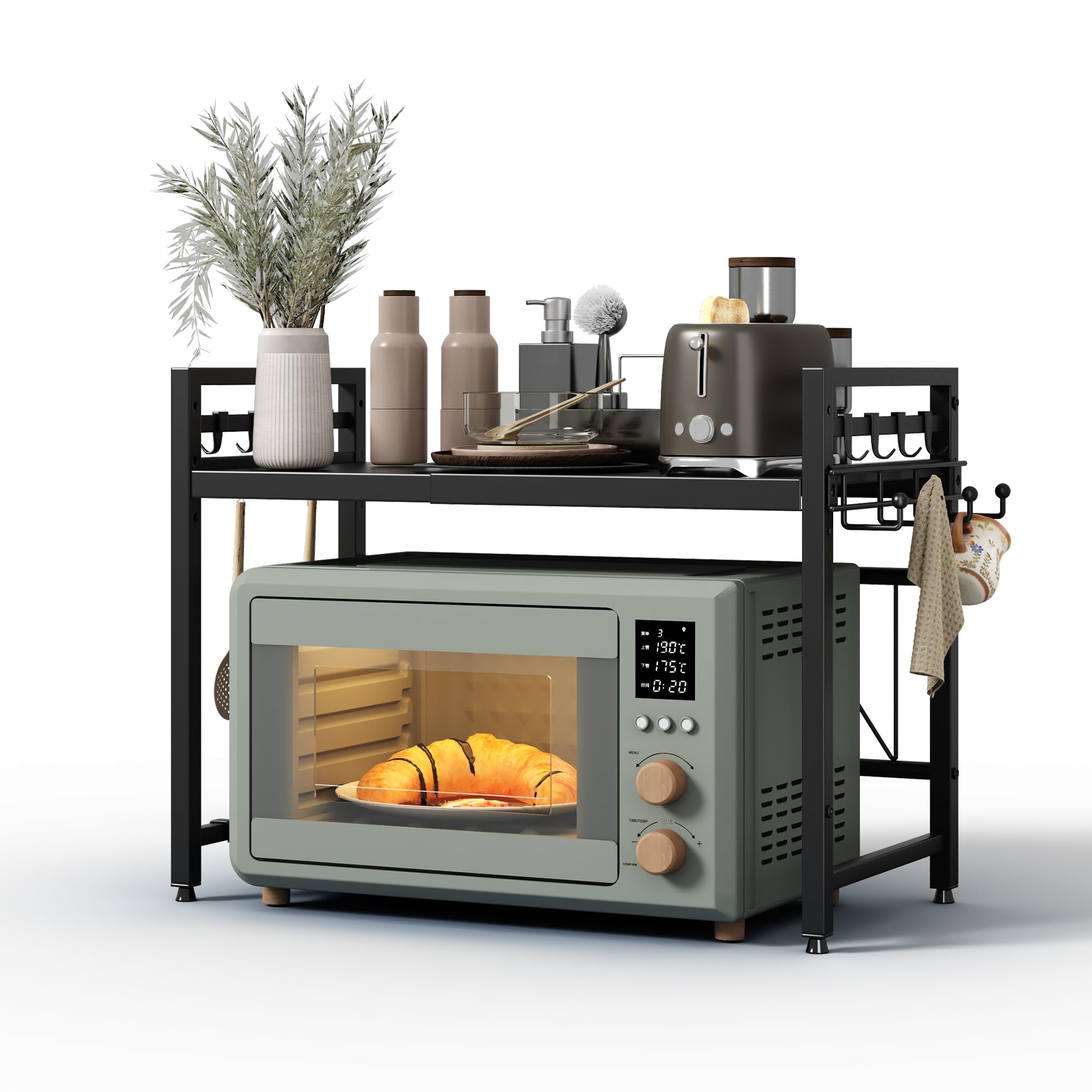 NETEL Soporte Extensible para microondas de 2 Niveles,Estante microondas encimera Ajustable,estanteria Cocina encimera,Organizador microondas con Soporte para Tazas y 8 Ganchos,Negro
