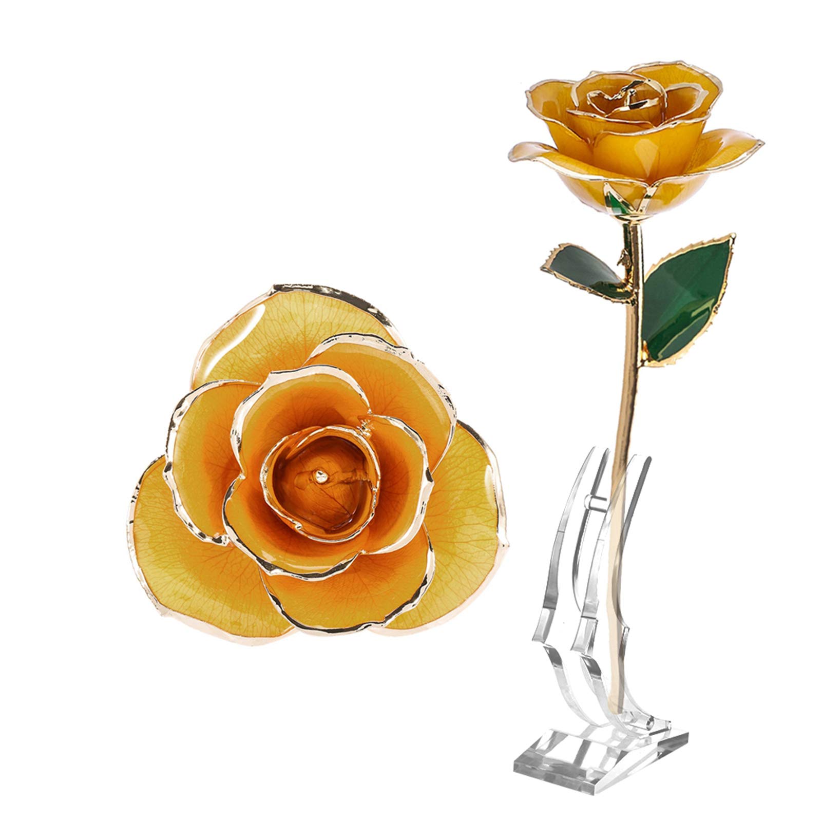 Rose en or 24 carats à longue tige, création artisanale précieuse pour écrin de luxe