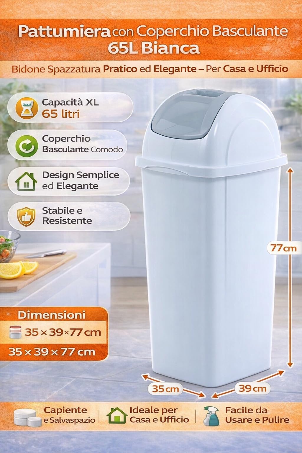 Pattumiera con Coperchio Basculante cm 35x39x77h 65L Bianca – Bidone Spazzatura per Casa Bar Lido Ufficio Ristorante