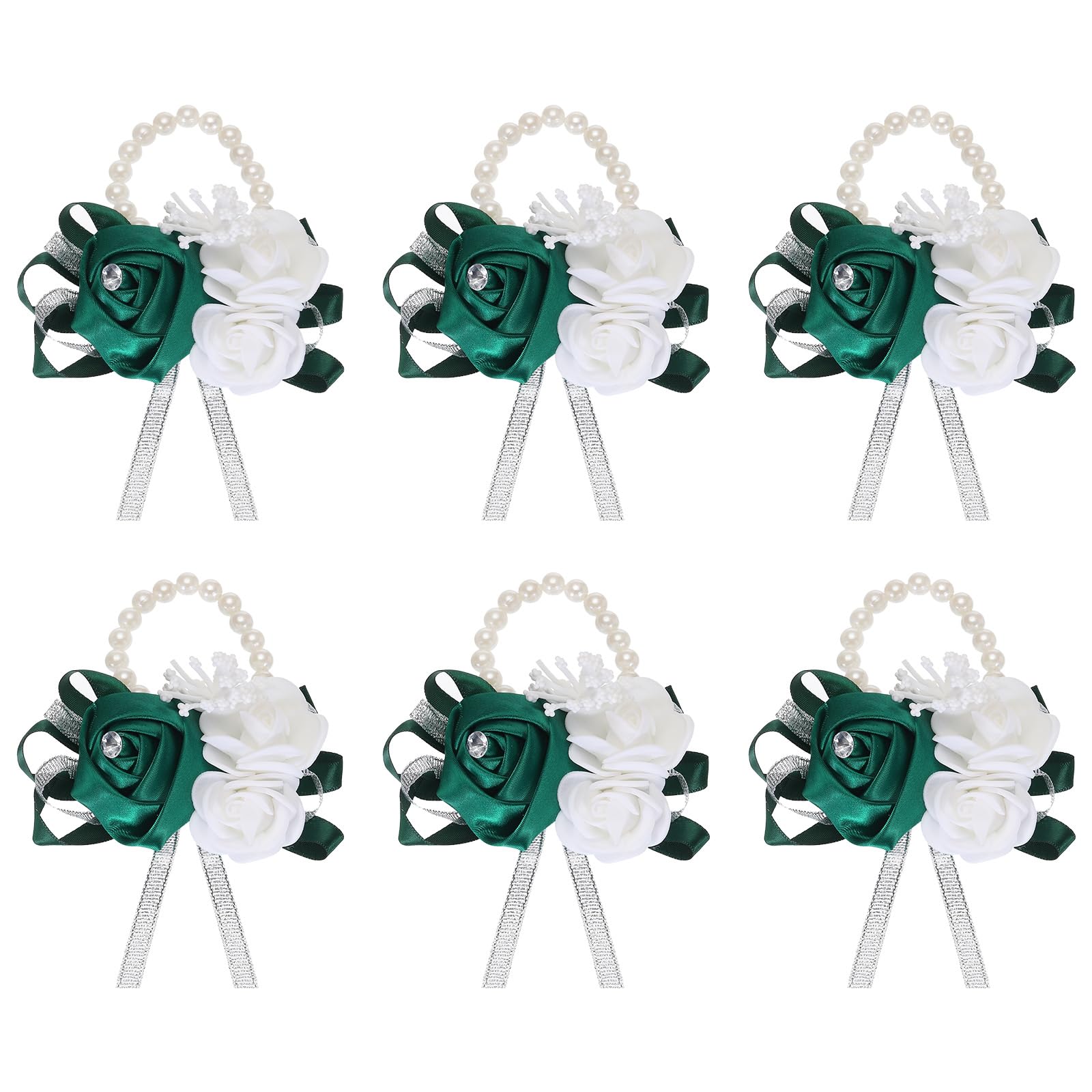 MECCANIXITY 6Pcs Wrist Corsage Artificial Flower Bracelets Rose Wrist Bride Groom Decorative for Wedding Ceremony Prom Party Anniversary Dark Green