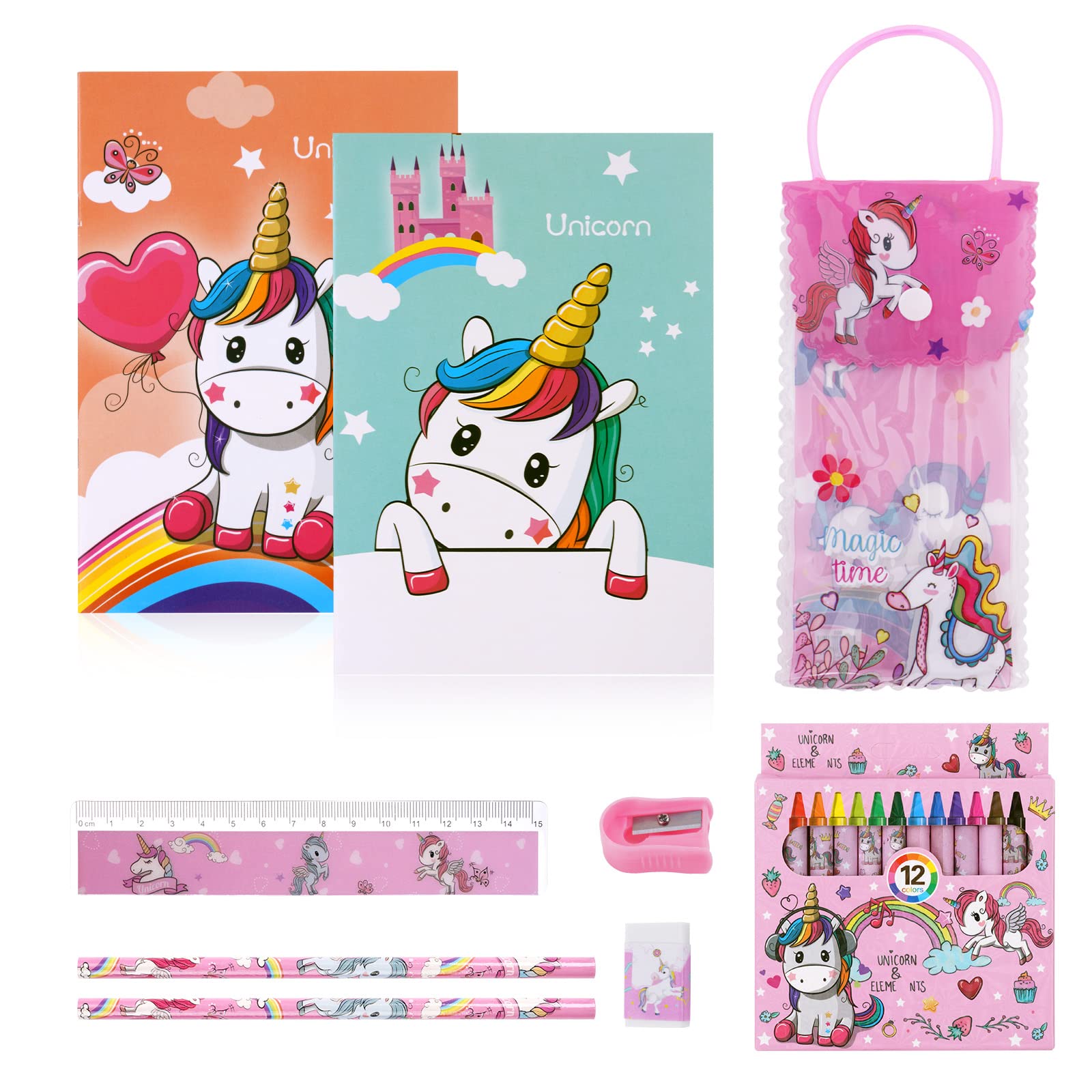 Vicloon Juego de Papelería de Unicornio, Unicornio Papeleria Escolar Regalo para Niña, Set Papeleria para Niños, con Unicornio Cuaderno, Bonitos Pegatina, Lápiz Unicornio, ect(Pequeña- A