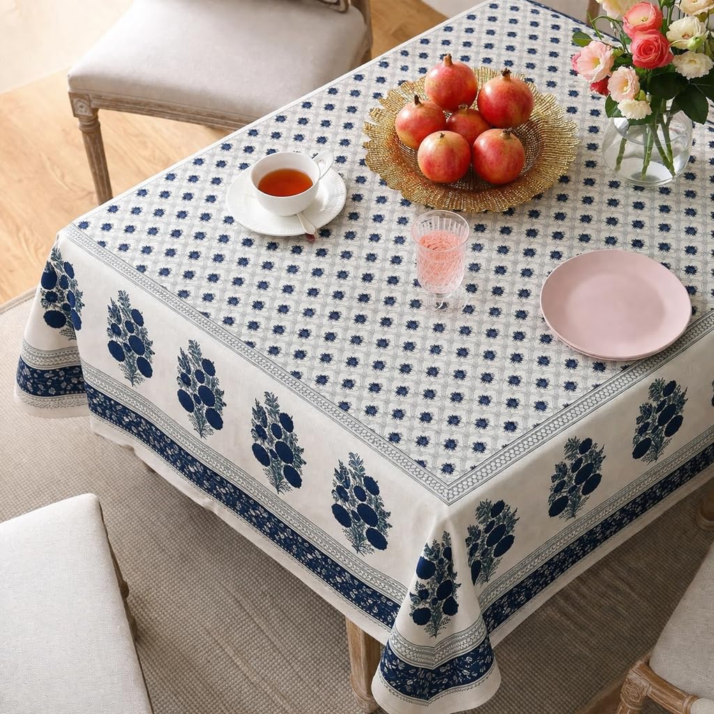 elanorhomes 100% Cotton Dining Table Cover 6 Seater (60x90 Inch) | Hand Block Printed Jaipuri Table Cloth | Washable Rectangular Table Cover for 4 & 6 Seater | Ethnic Floral (Blue Aurelia)-picture-13