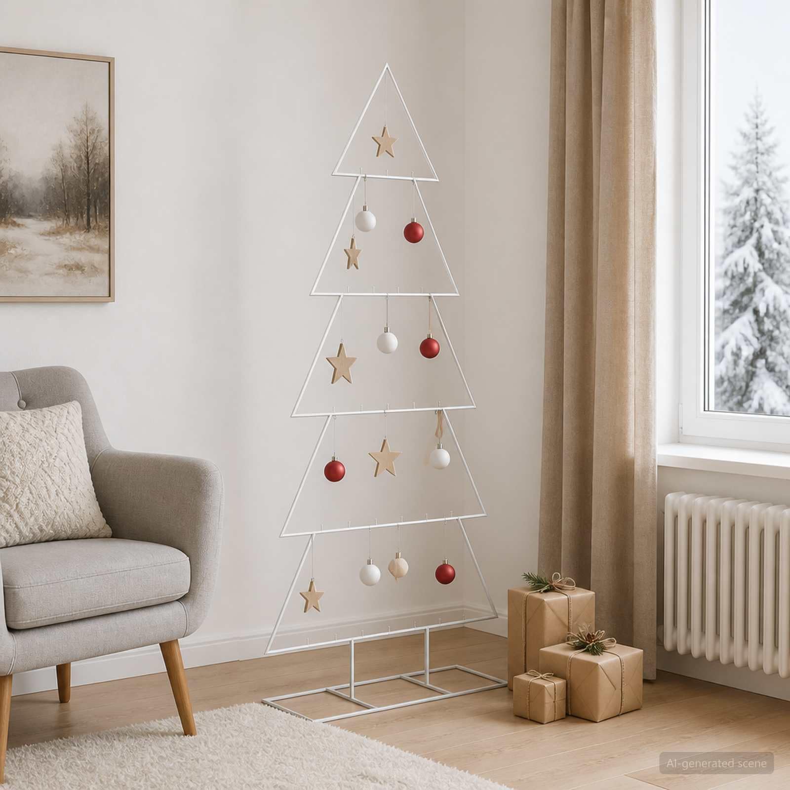 Metall-Weihnachtsbaum mit Ständer aus Stahl, Weiß, 65 x 65 x 150 cm