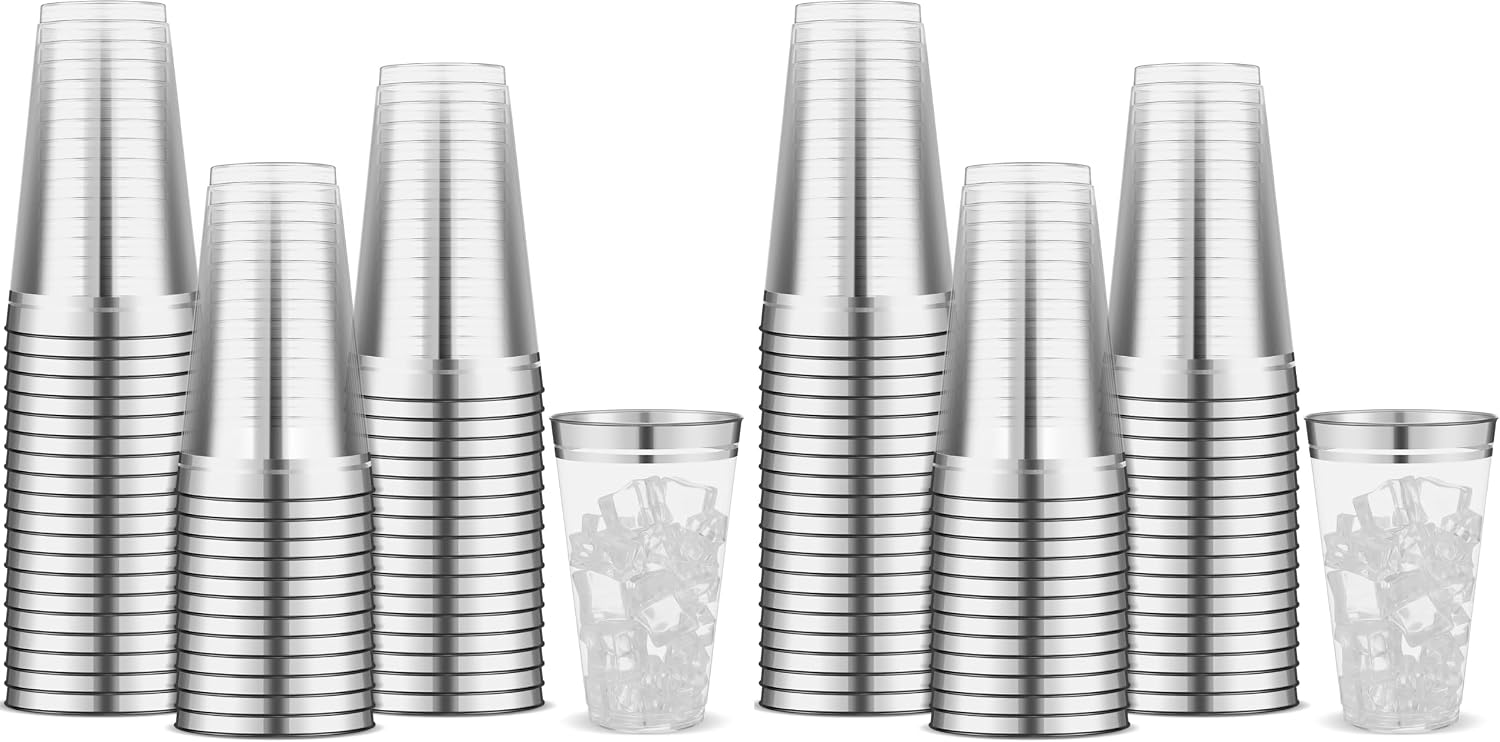 Sliner 50 Pcs Hard Plastic Cups Double Rimmed Plastic Cups Heavy Duty Fancy Wine Glasses for Holiday Christmas New Year Winter Birthday Party Supplies(16 Oz,Silver) (Pack of 2)