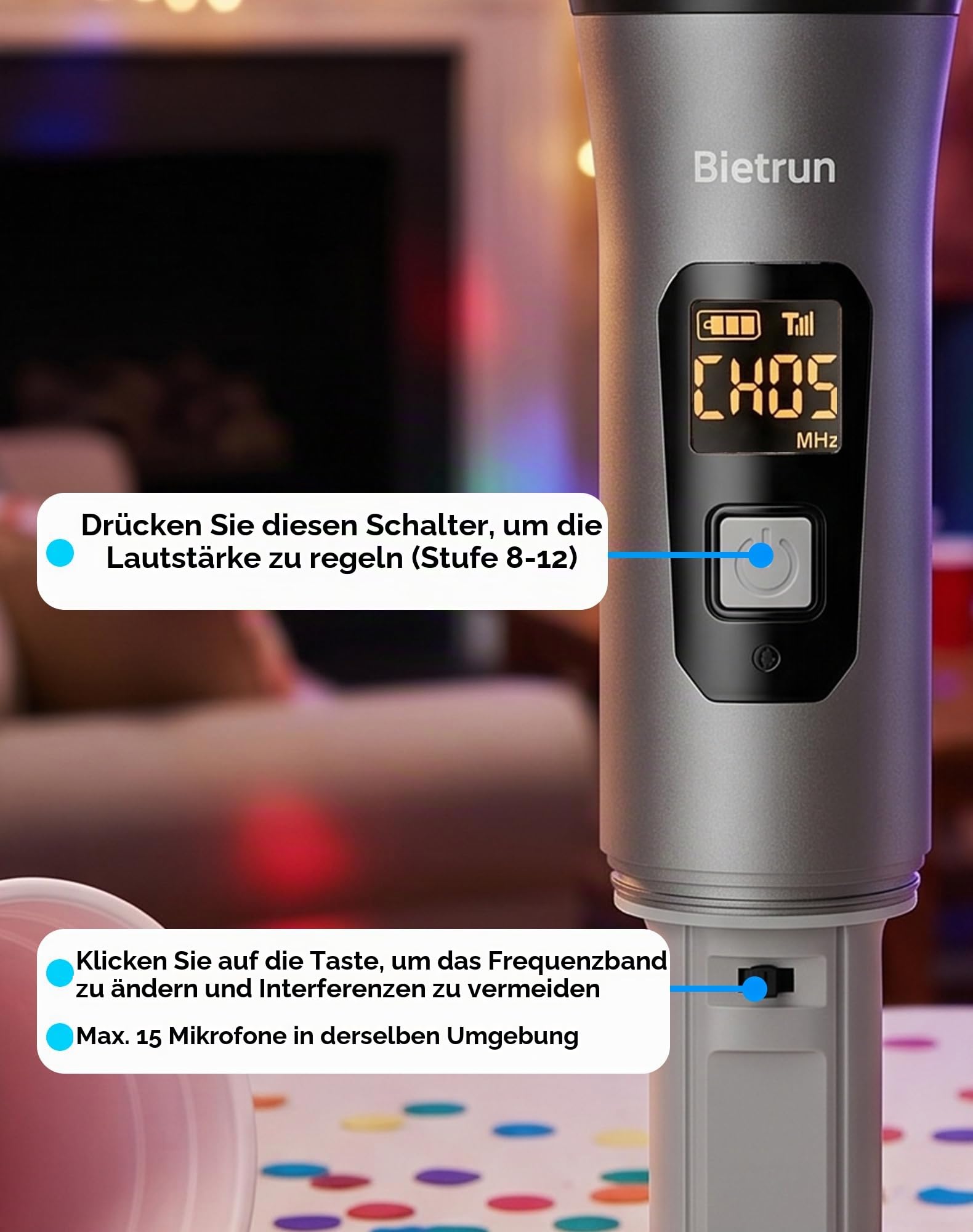 Bietrun Kabelloses Mikrofon, professionelles UHF-Metall-Dual-Handmikrofon-Set mit dynamischem Mikrofonsystem mit wiederaufladbarem Empfänger, 1/4-Zoll-Ausgang, Plug-and-Play