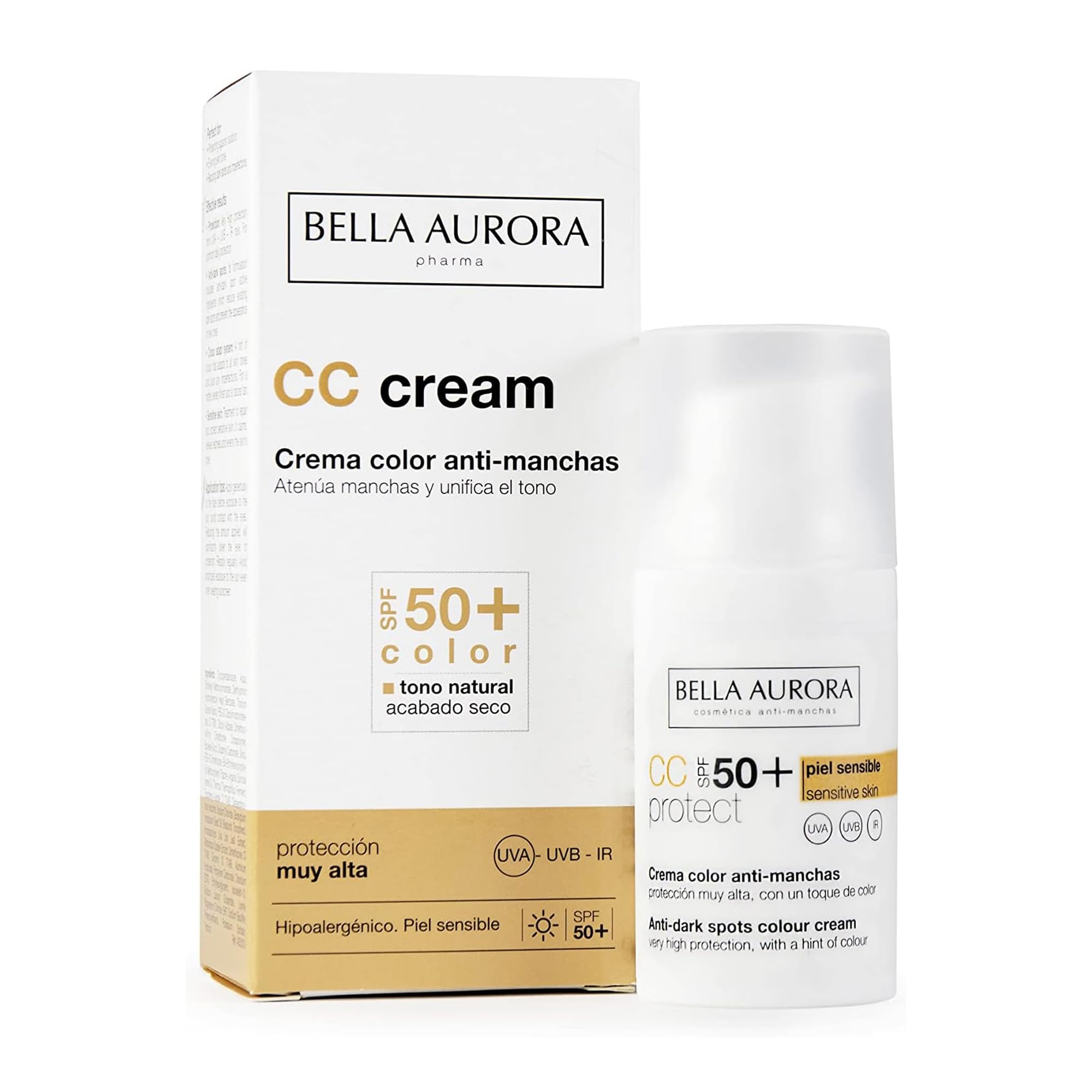 BELLA AURORA - Crema Color Anti-Manchas 30 ml, Crema Facial con Color SPF 50+, para Piel Sensible, Color-Adapt System, Previene el Envejecimiento Prematuro , CC Cream Antimanchas
