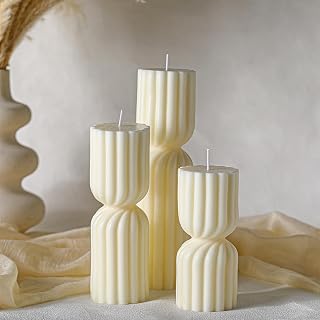 Conelist Ribbed Pillar Candles Set of 3 - Handmade Scented Soy Wax, Sea Salt Orchid Fragrance, 2.4"x5.5/7/9", Natural White Home Decor Gift