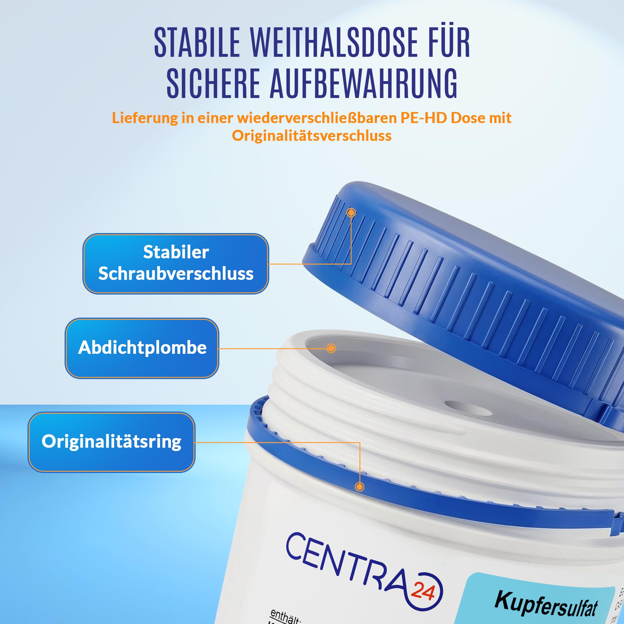 Kupfersulfat 1kg in Dose von Centra24, Made in GERMANY, ohne Antibackmittel, Kupfervitriol, Kupfer-II-sulfat-5-hydrat, CUSO4 5H2O, Kristallzucht, Blaustein, Verkupfern,