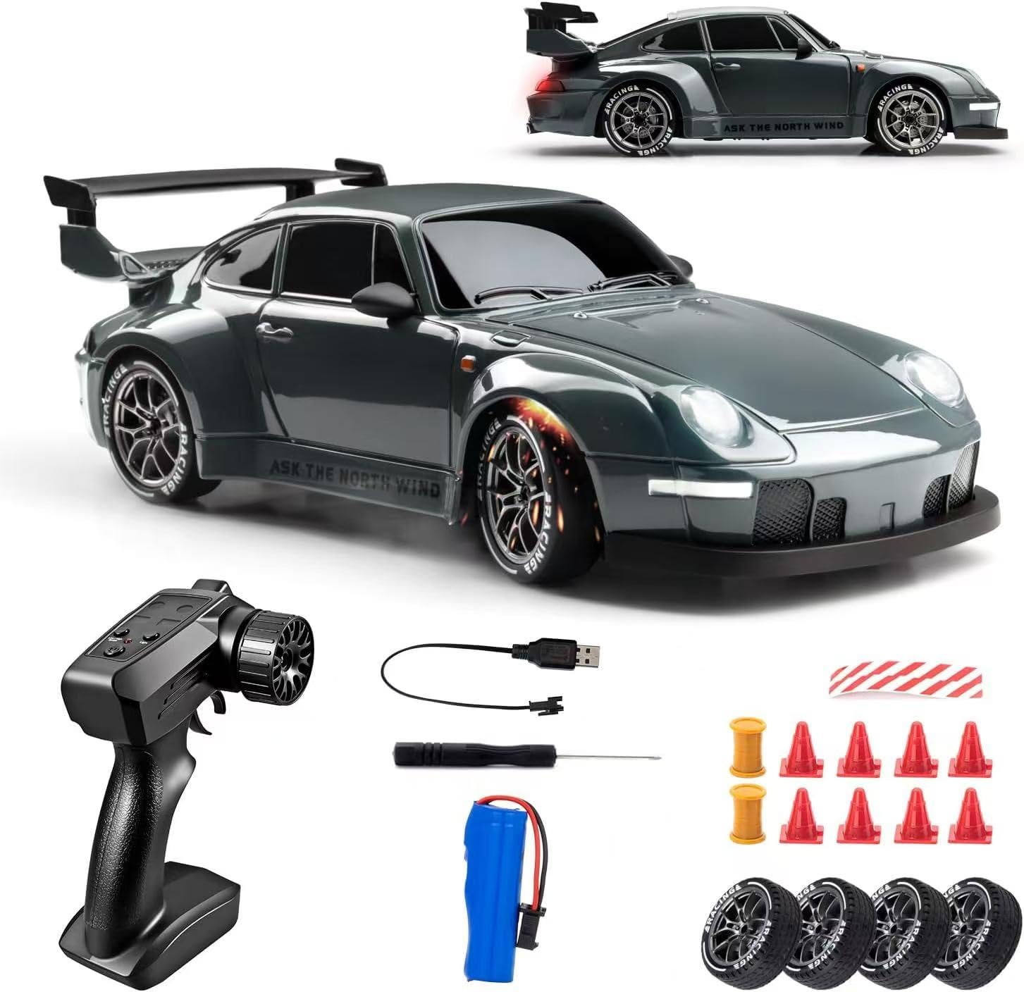 ORCHID M® Ultimate 1:24 Scale RC Drift Car Rechargeable,4WD with Lights, Tires and Obstacle Tool for Young/kid/Adults,Customizable Drift Course High-Speed Remote-Control Racing Car (Dark Grey)