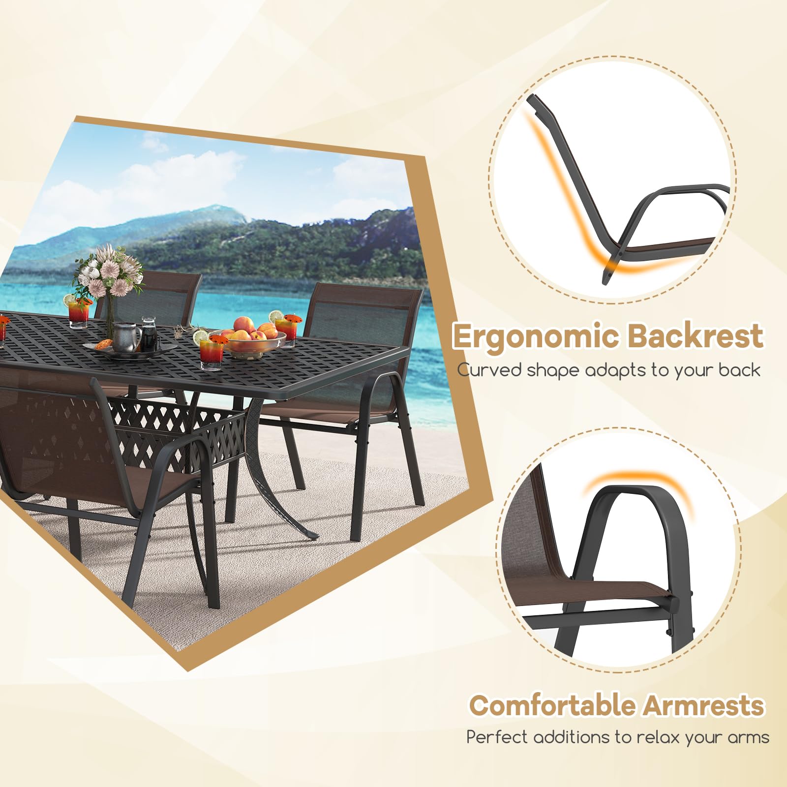 KOMFOTTEU Set Di 2 Sedie Da Giardino In Metallo Con Braccioli - Sedie Da Terrazza E Balcone - Portata 150 Kg, Tessuto Resistente - Colore Caffè