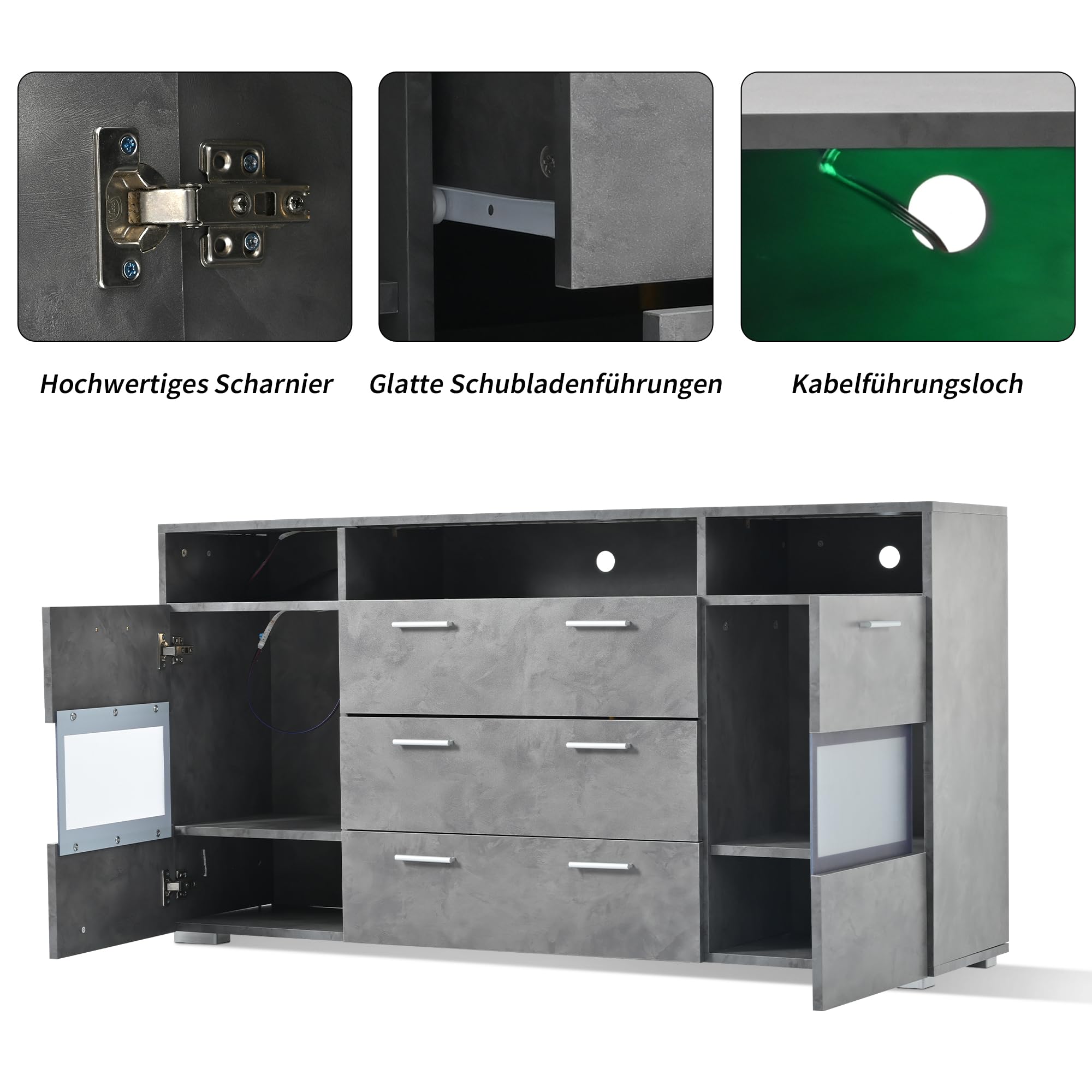 Merax Sideboard mit LED-Beleuchtung, Modernes Kommode mit 2 Türen, 3 Schubladen, offener Stauraum, Mehrzweckschrank mit transparenten Acryltüren, Standschrank Flurschrank für Wohnzimmer, 140cm, Grau