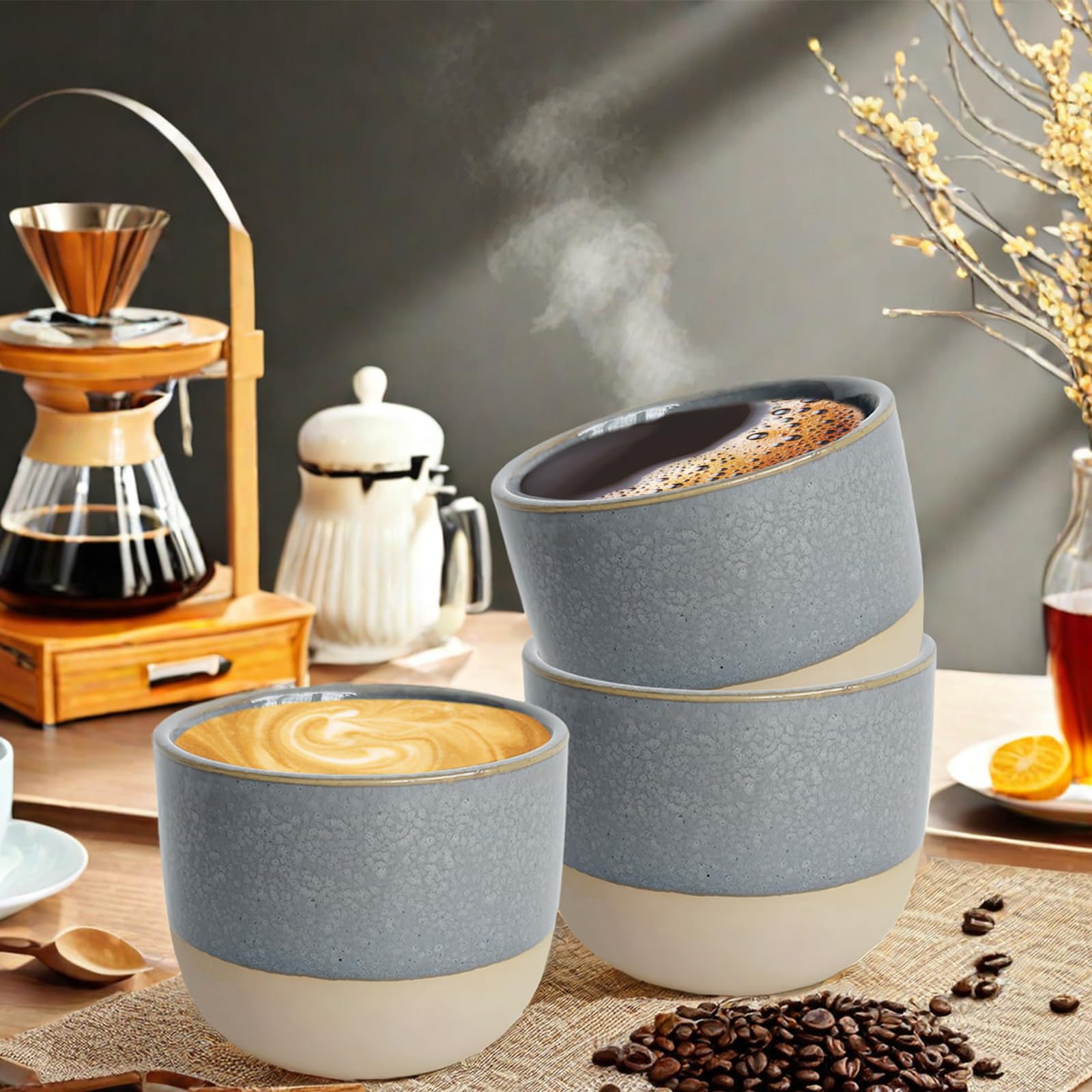 Lot De 4 Tasses à Cappuccino En Céramique - 220 Ml - Design Élégant - Compatibles Lave-vaisselle Et Micro-ondes