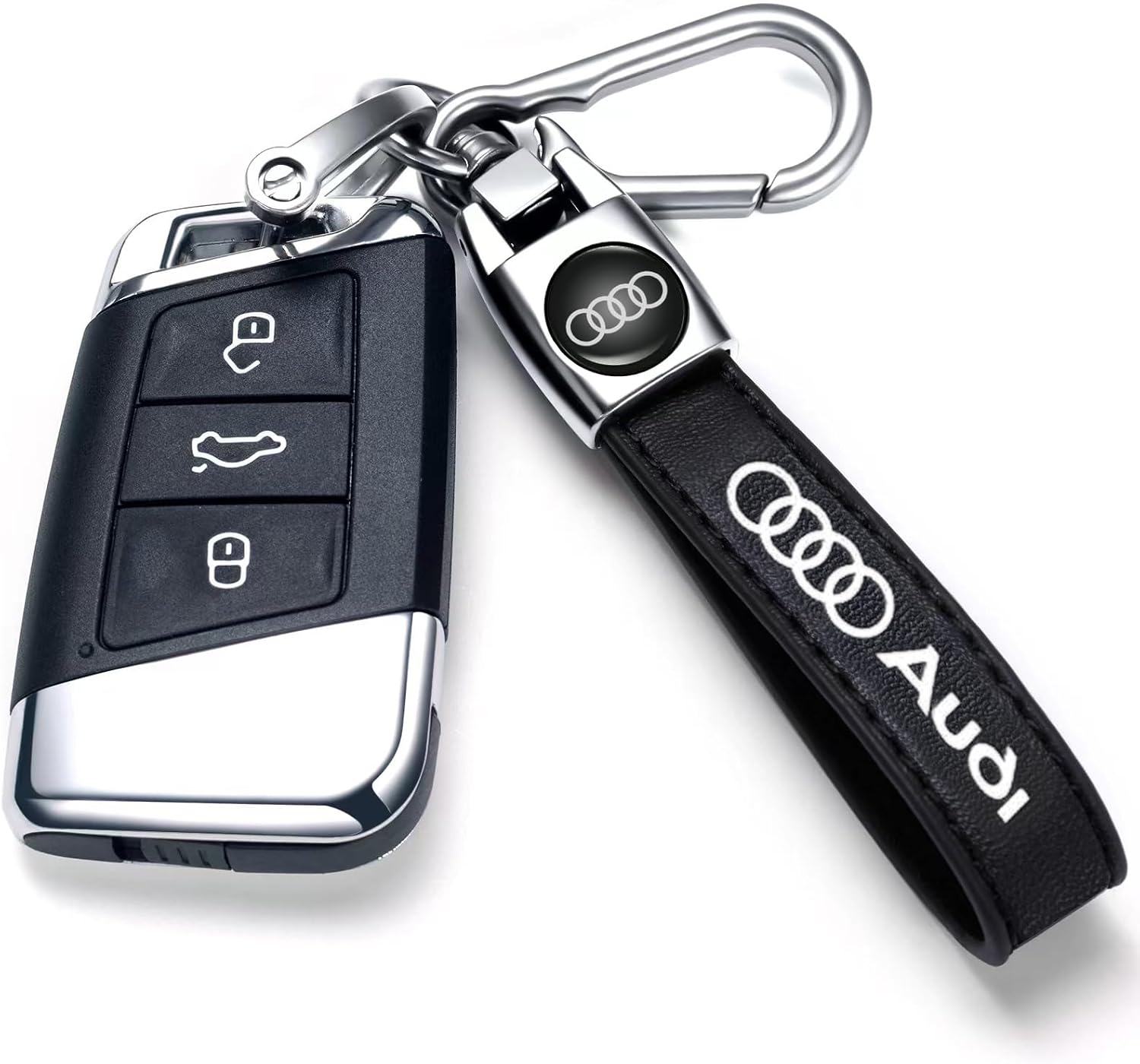 Genuine Leather Car Keychain Keyring Accessories Compatible with Audi Series Car Keychains Family Present for Man and Woman（Black）