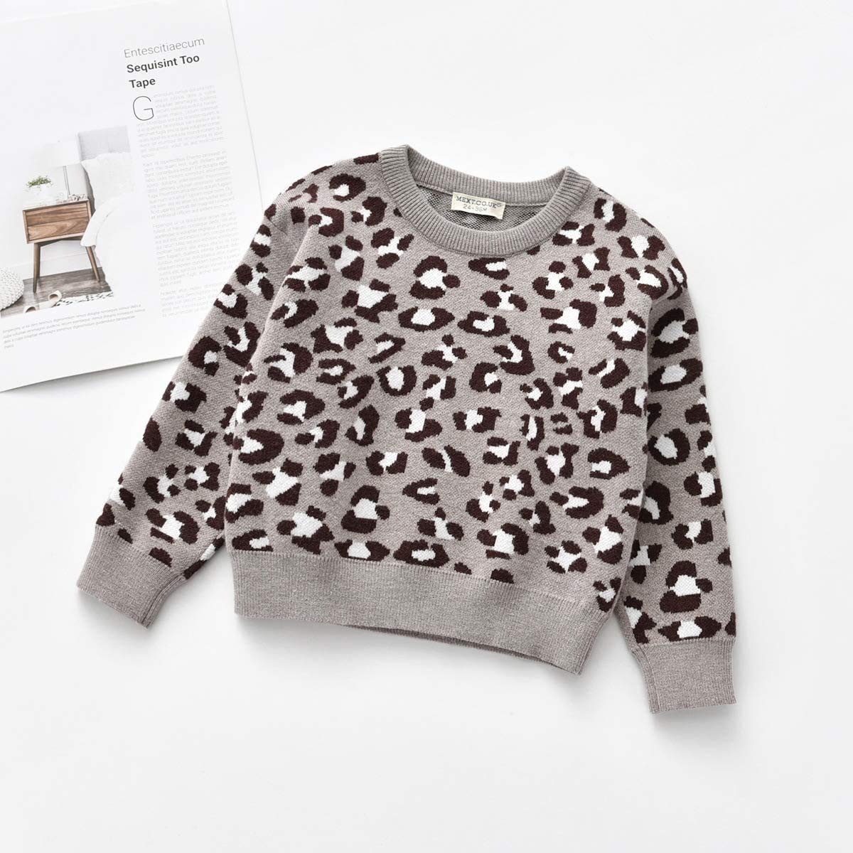 FIOMVA Toddler Baby Girl Boy Leopard Sweater Vest Long Sleeve/Sleeveless Pullover Top Blouse Warm Knitted Outwear Clothes (Leopard Sweater Grey,2-3T)