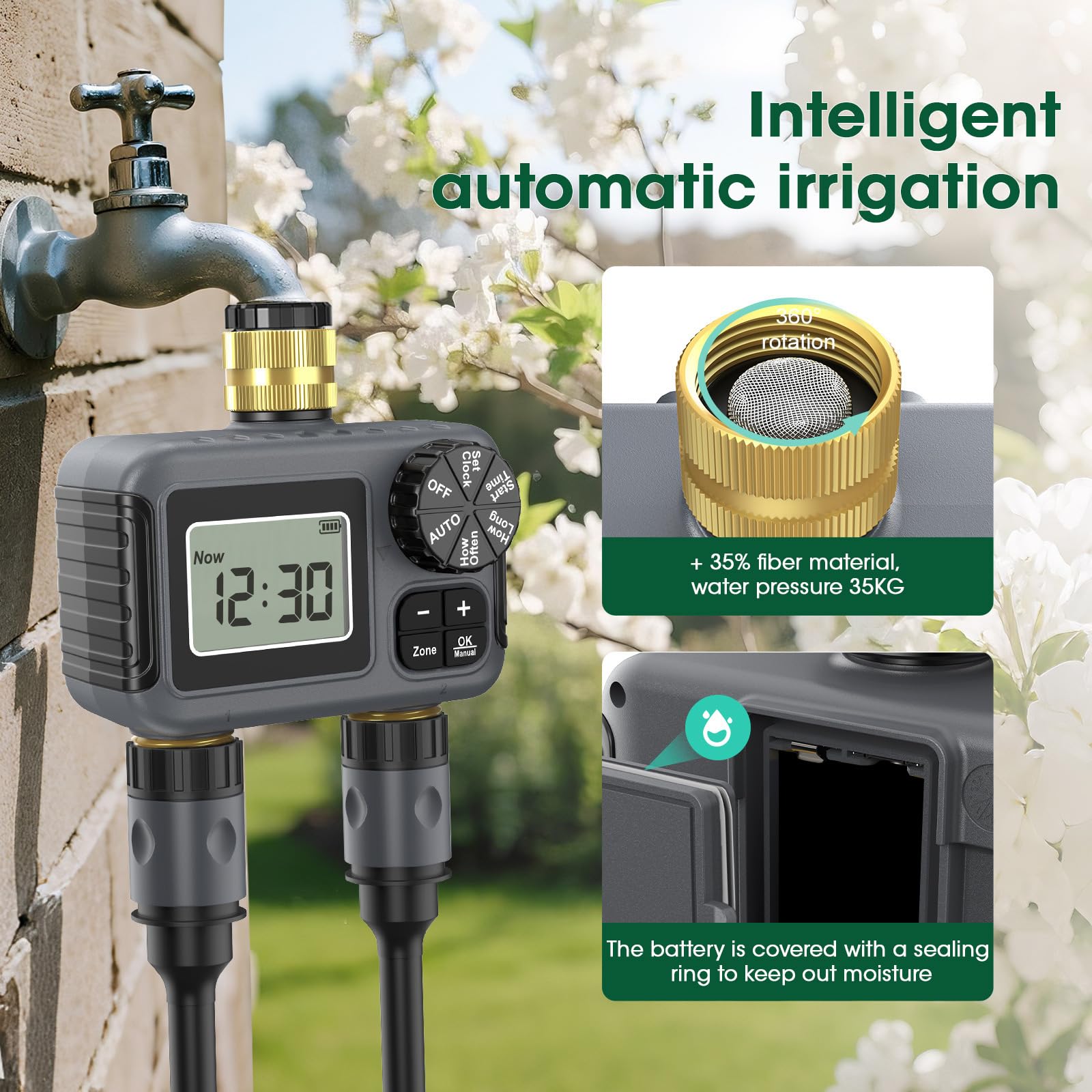 Válvulas de riego para exteriores, control de doble zona, BSP3/4 pulgadas, ajuste de latón, tasa IP55, resistente a la intemperie, monitor LCD, roscado, válvulas de agua de alta presión