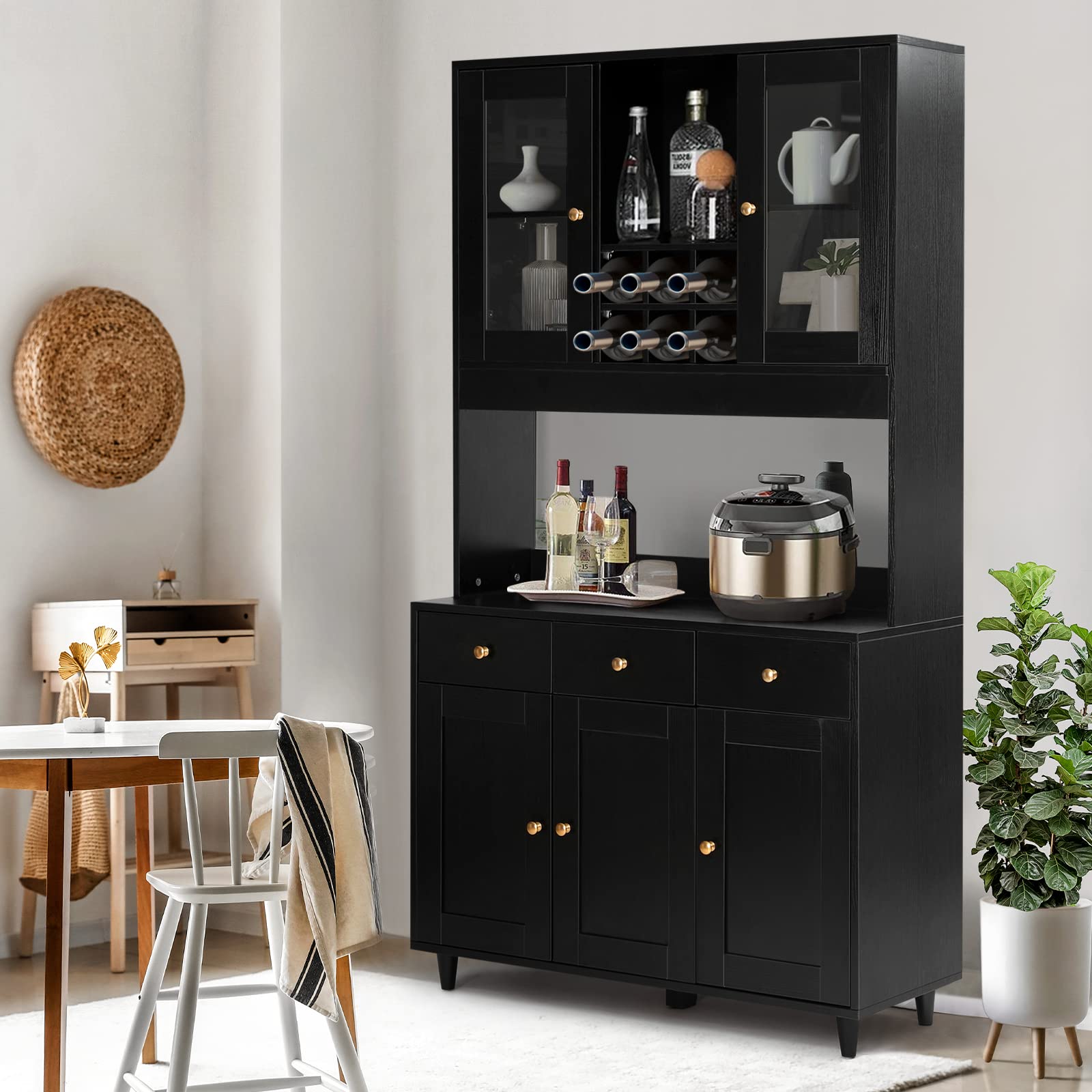 VOWNER Credenza Cucina, Mobile Buffet con 5 Armadietti, Mobile da Cucina Dispensa, Armadio Dispensa, 5 Ripiani Regolabili, per Cucina, Soggiorno, 100L x 38W x 181H cm, Nero
