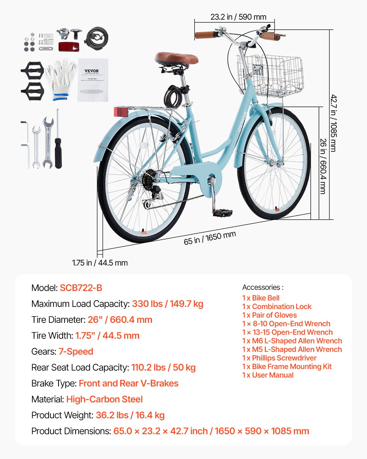 VEVOR Cruiser - Bicicleta de playa con 7 velocidades (diámetro del neumático 660,4 mm) con cesta grande y portaequipajes, bicicleta cruiser con asiento ajustable, para ciclismo, entrenamiento y