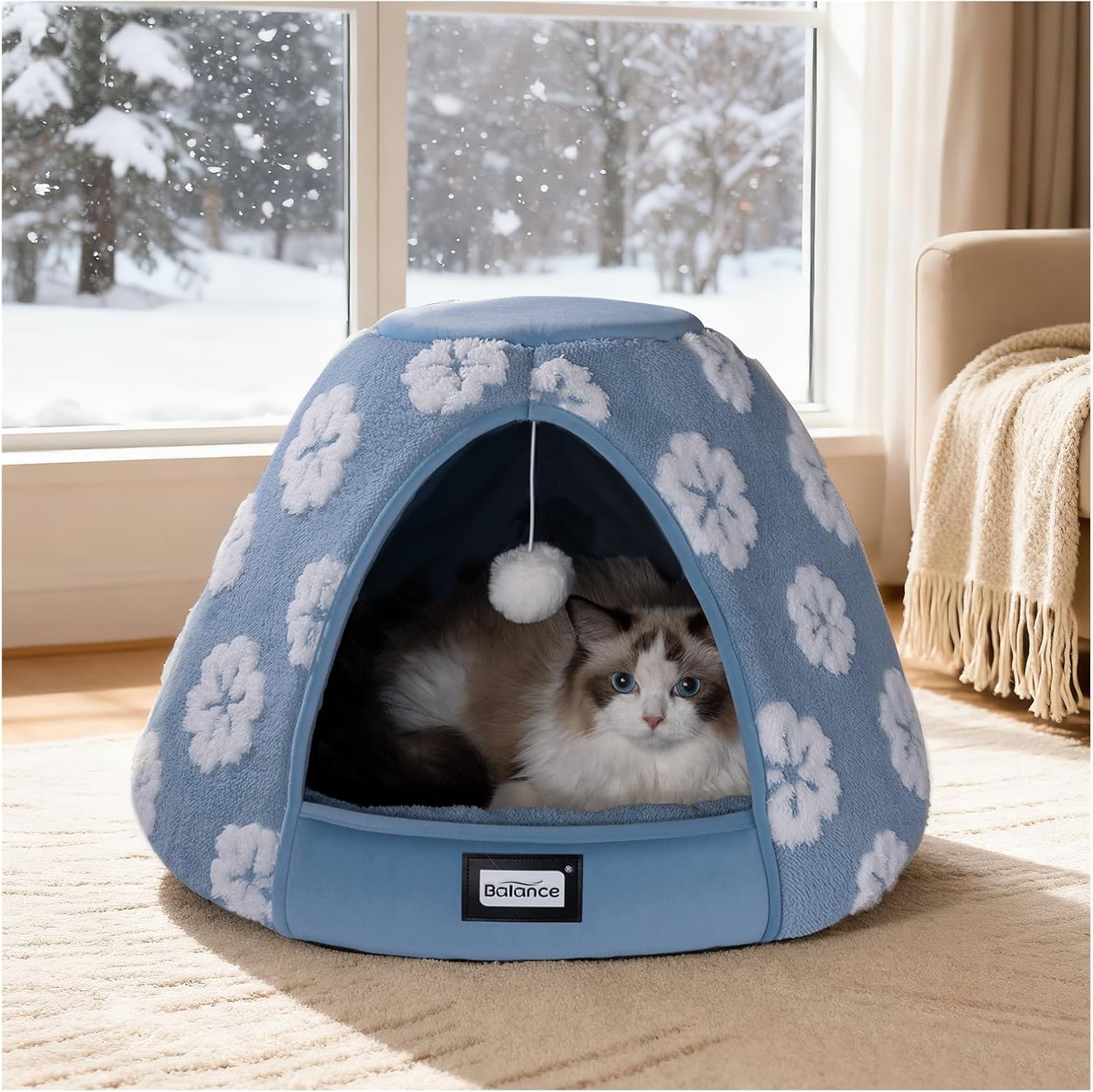 BALANCE Cat Beds for Indoor Cats, 2-in-1 Cat Bed Cave with Anti-Slip Bottom and Ultra-Soft Plush, Cozy Cats House Tent for Kittens and Small Dogs, 21 Inches, Blue