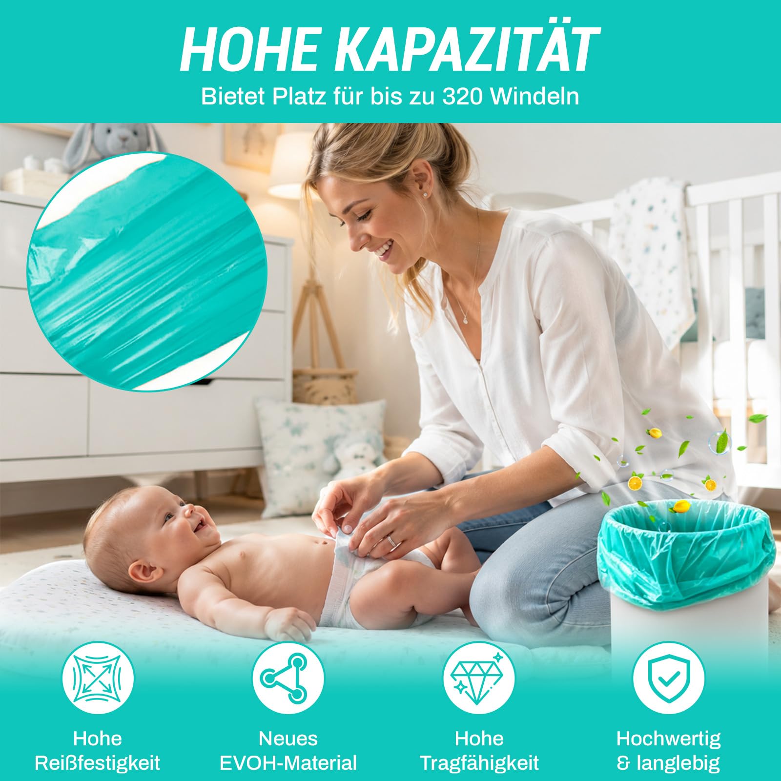 Folia uzupełniająca, worek do uzupełniania, wiaderko do przewijania, 20 sztuk pojemników na pieluchy, kasety uzupełniające, bezzapachowe, zagęszczone, doskonałe uszczelnienie i wytrzymałość