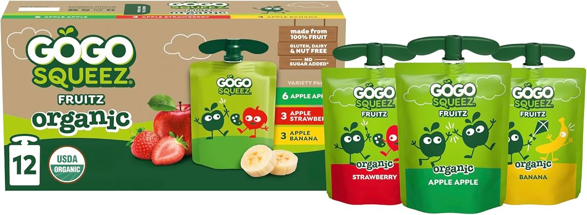GoGo squeeZ No Sugar Added Organic Applesauce Variety Pack, 12 Count | Kids On The Go Fruit Snack with Apple, Strawberry & Banana; 3.2 Oz Pouches, Gluten and Nut Free, Recloseable Cap, BPA-Free