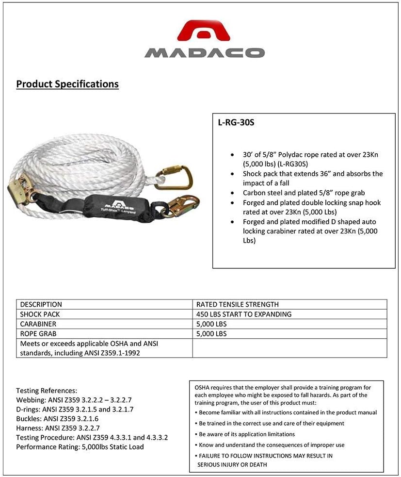 Madaco Safety Products 30' 3-Strand Shock Absorbing Rope Pack & Madaco Mad Dog 6', Multicolor, Universal M KIT 30 001 : Tools & Home Improvement