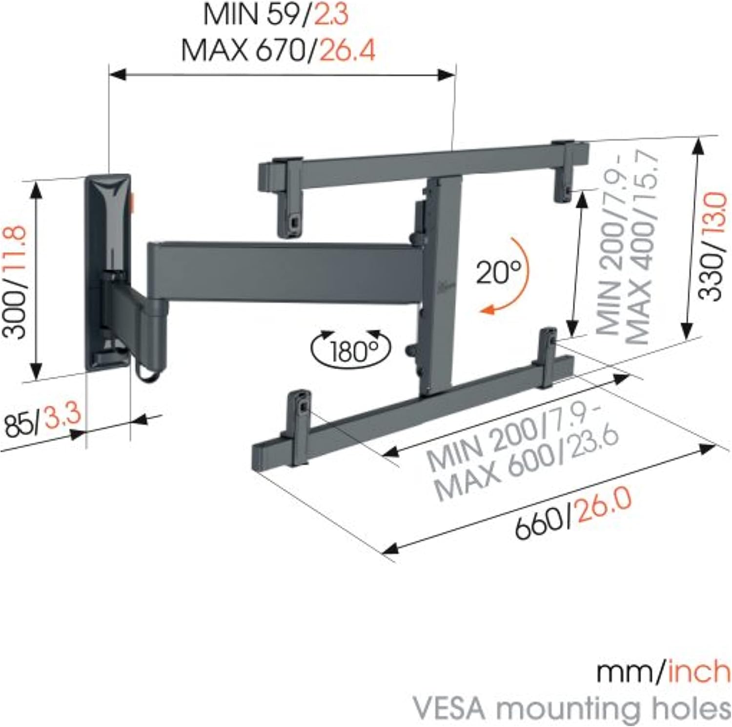 Vogel's TVM 3665 full-motion OLED TV wall bracket for 40-77 inch TVs, Max. 77 lbs (35 kg), Swivels up to 180º, Full-Motion OLED TV wall mount, Max. VESA 600x400, Universal compatibility